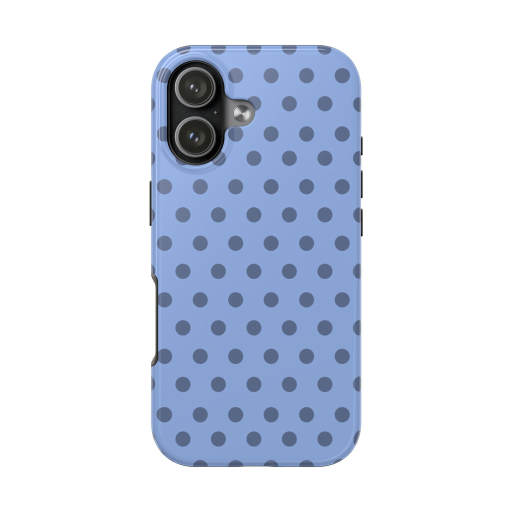 Light blue phone case with dark gray polka dots, single camera cutout