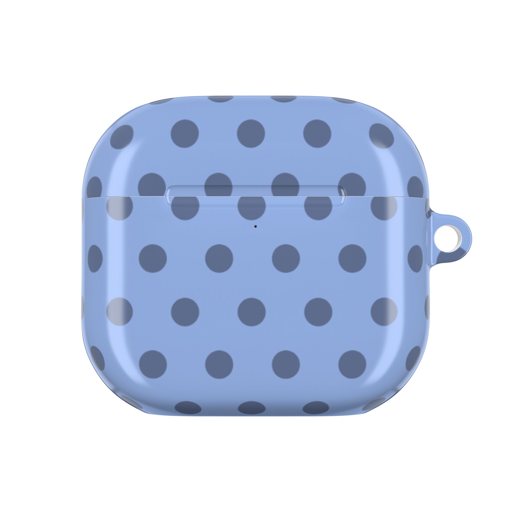 Blue polka dot AirPods case front view, protective shell with visible opening cutout