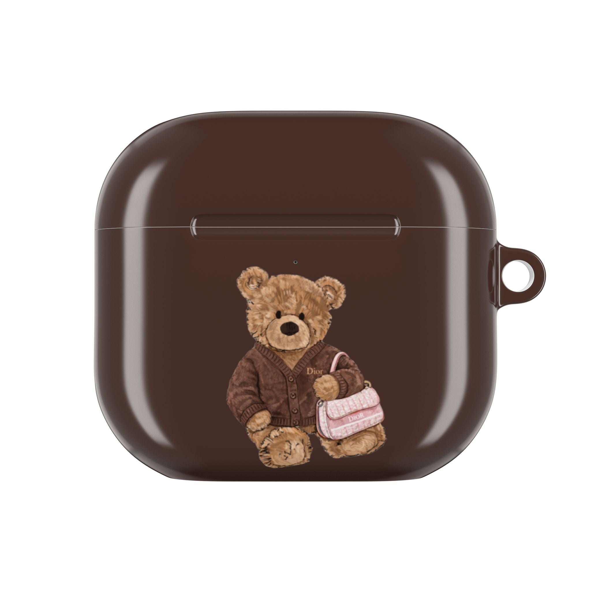 Brown AirPods case front with teddy bear appliqué and small Dior mark
