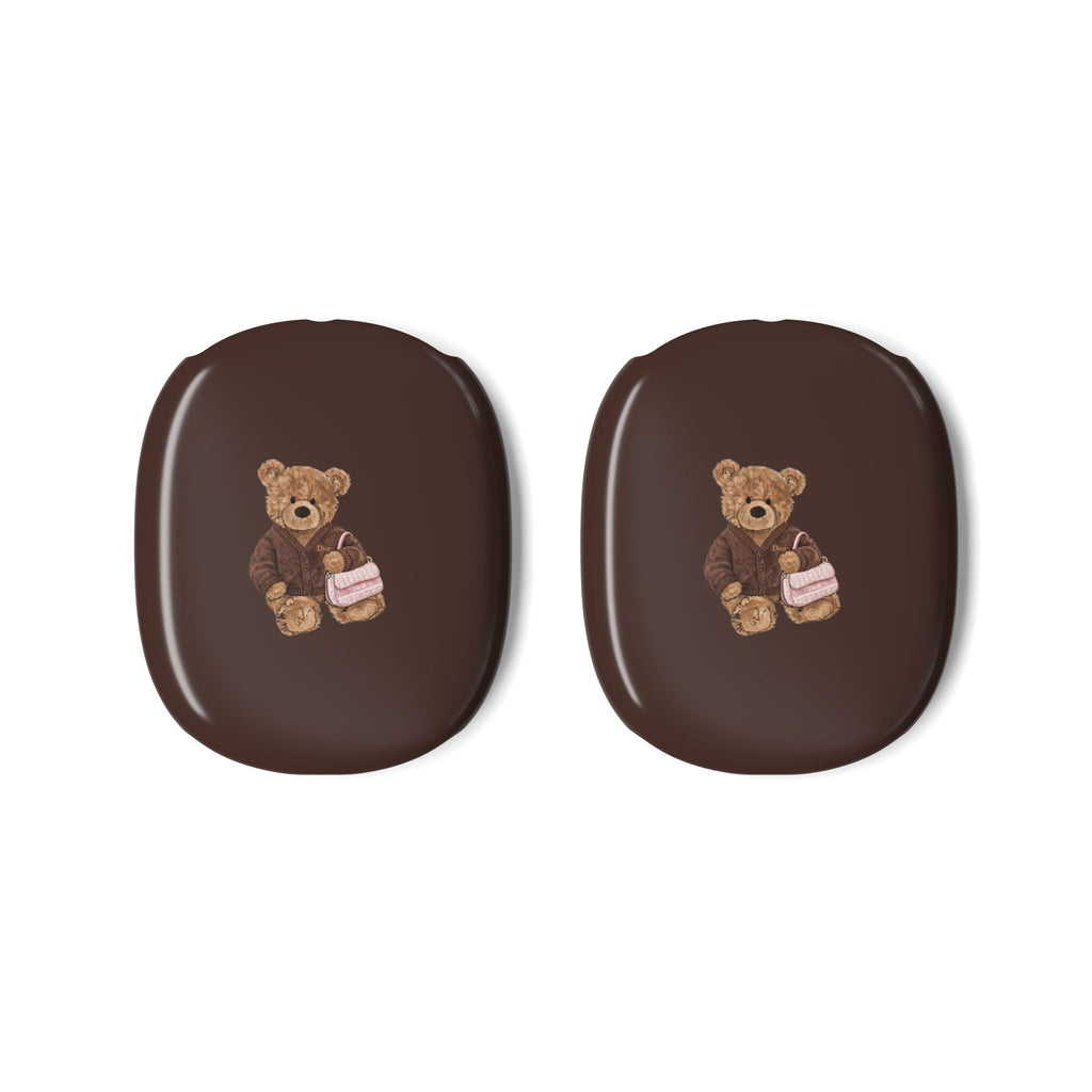Pair of brown AirPods Max case covers with teddy bear graphic, Dior