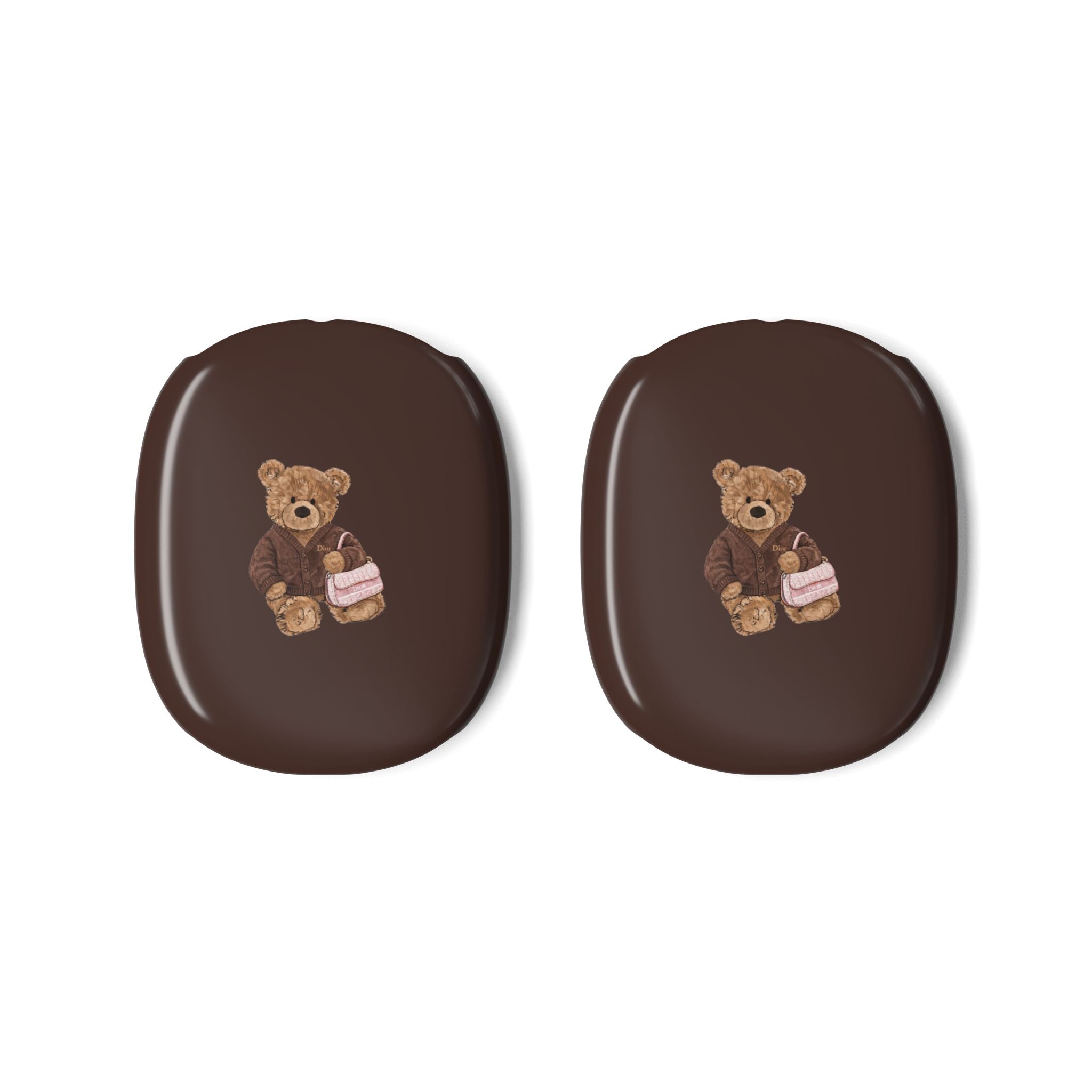 Pair of brown AirPods Max case covers with teddy bear graphic, Dior
