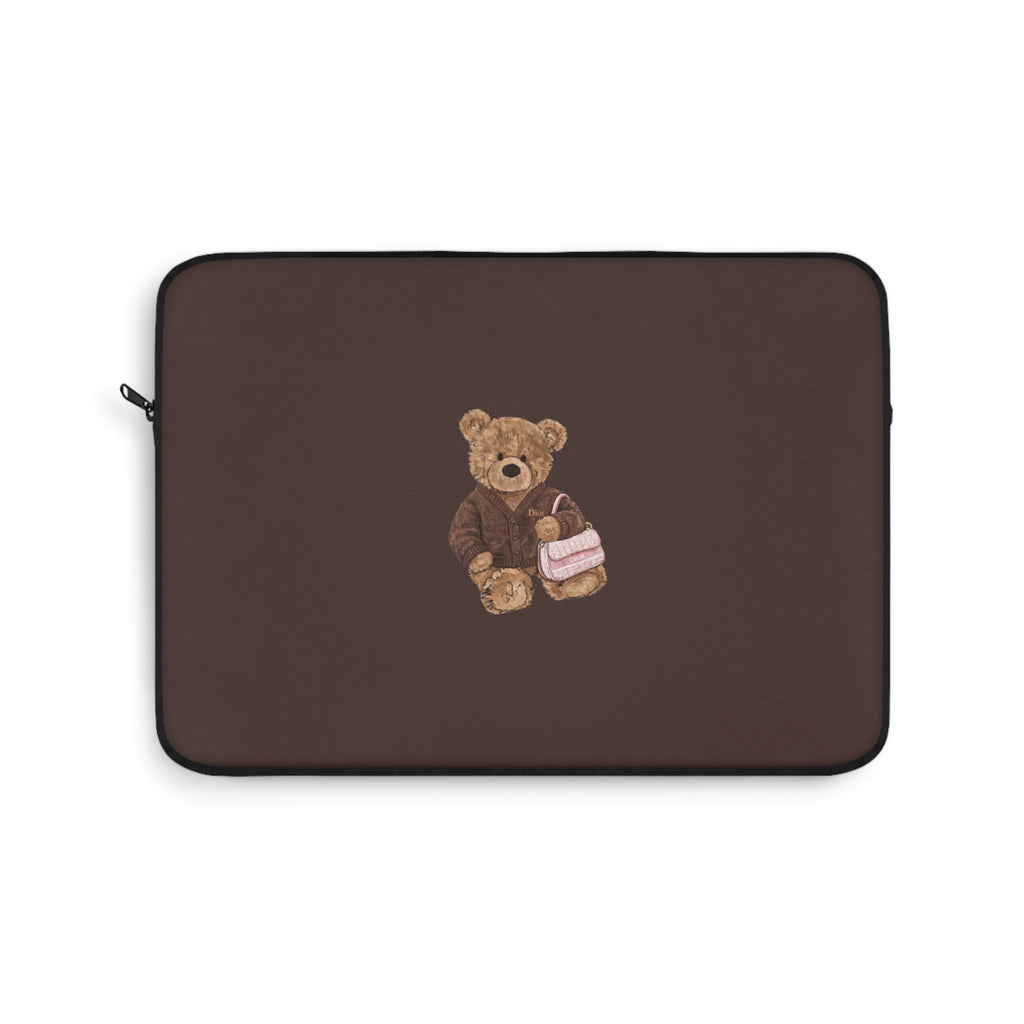 Brown Dior teddy bear device sleeve with zipper and centered teddy applique