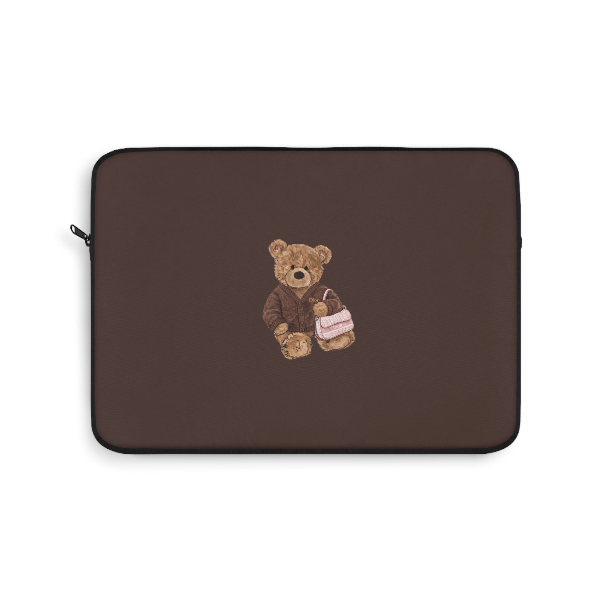 Brown Dior teddy bear device sleeve with zipper and centered teddy applique