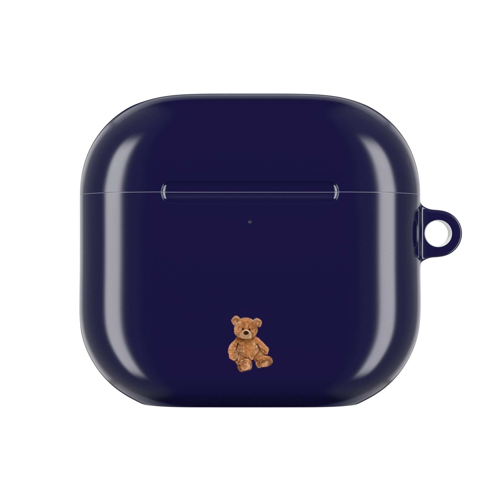 Navy mini AirPod case with small teddy bear appliqué on front, strap loop