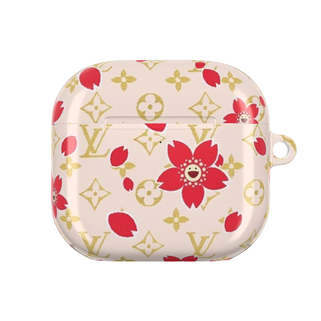Ivory AirPods case with red flowers and LV monogram pattern, small strap loop