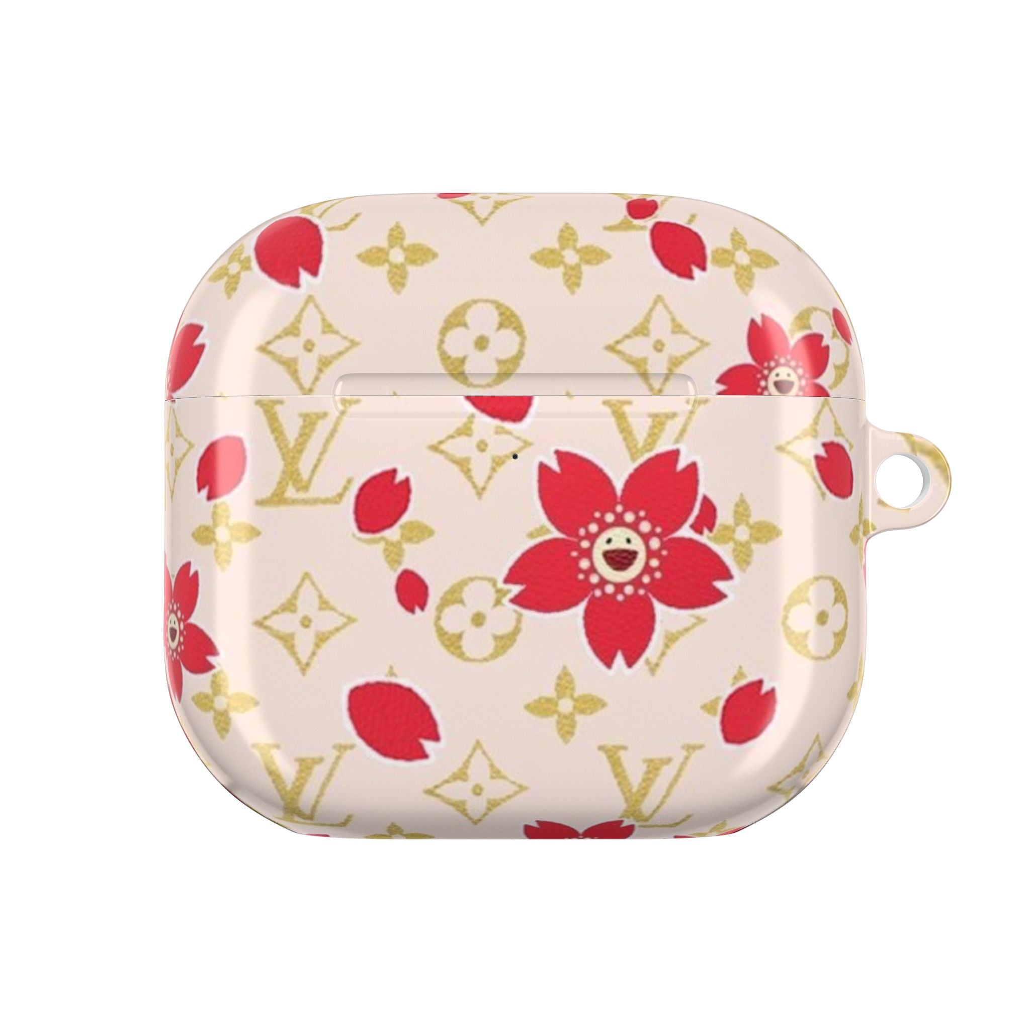 Ivory AirPods case with red flowers and LV monogram pattern, small strap loop