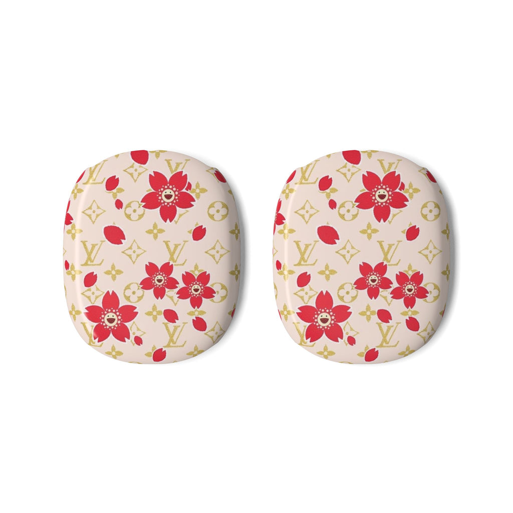 AirPods Max earcup cover pair in ivory with red floral pattern and gold monogram