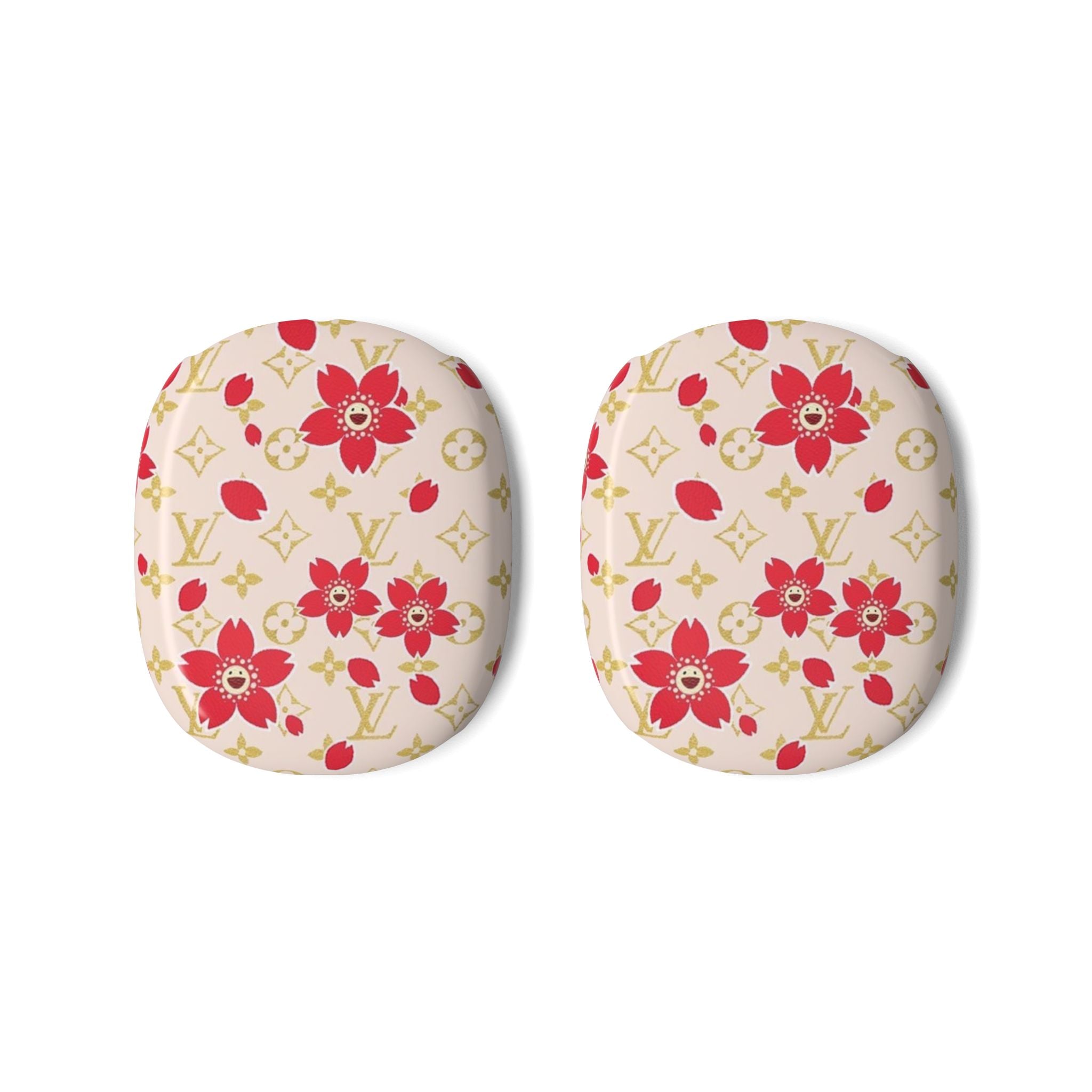AirPods Max earcup cover pair in ivory with red floral pattern and gold monogram
