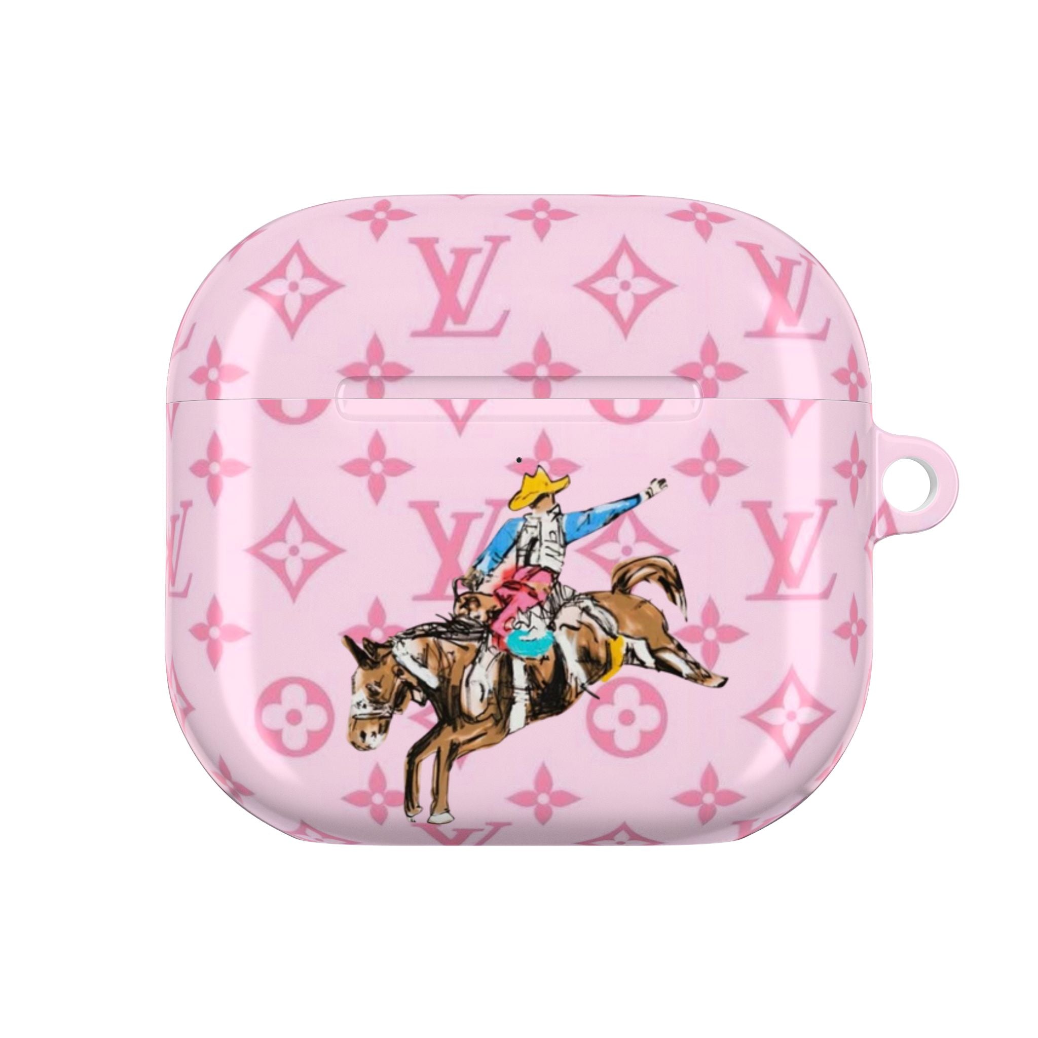 Pink AirPods case with centered horse cowboy graphic and LV monogram pattern, front view