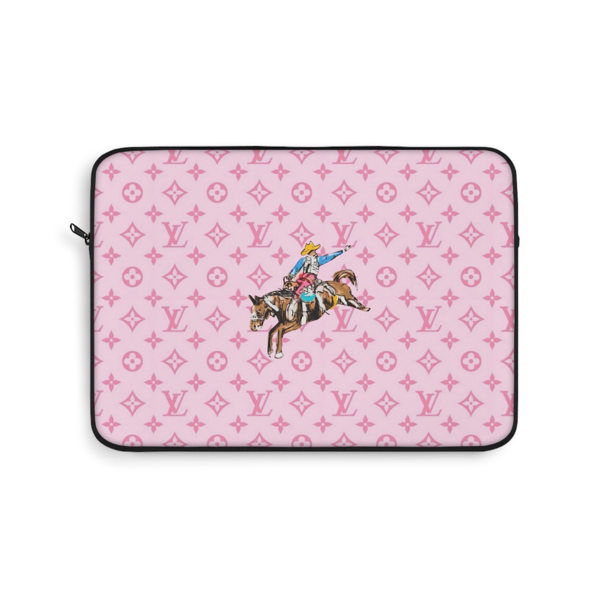 Pink laptop sleeve with western cowboy on horse graphic, monogram pattern, black trim