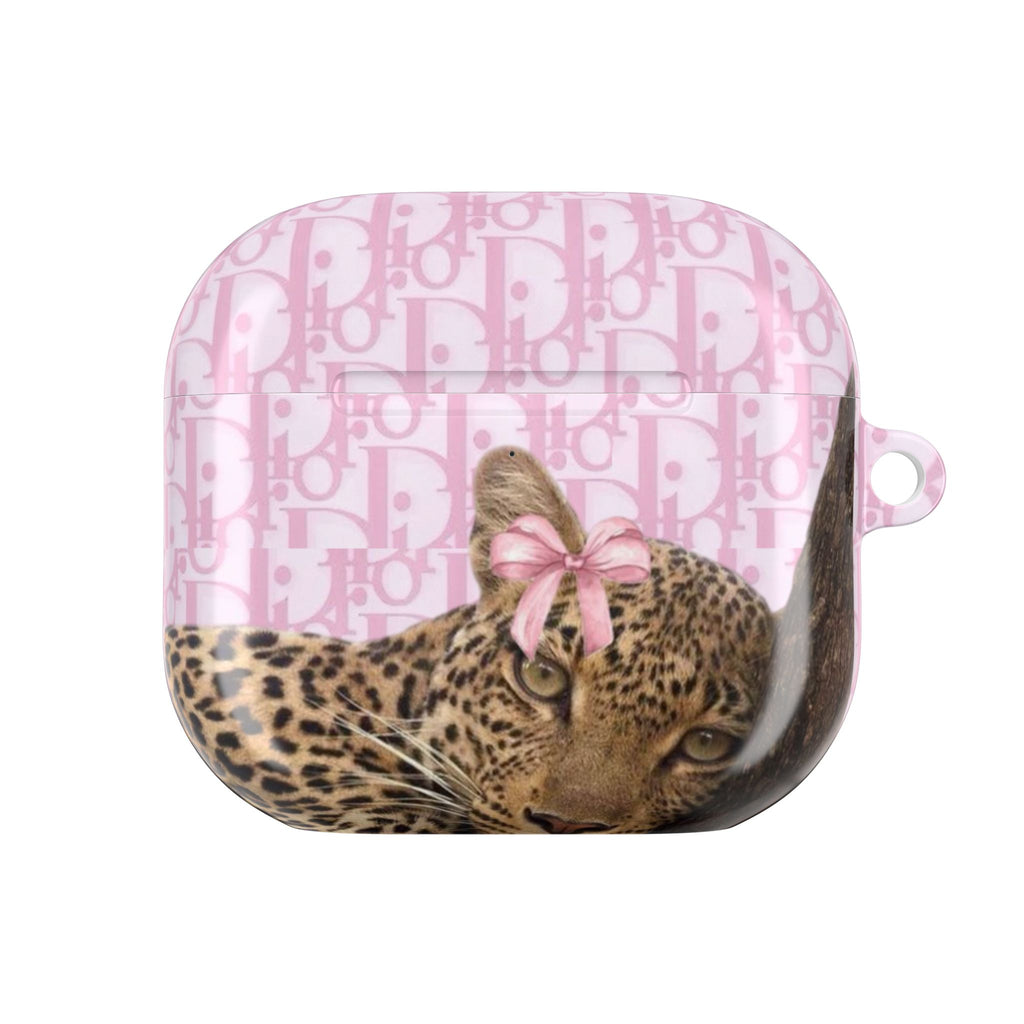 Dior leopard cat AirPods case, pink monogram background with cat face close-up