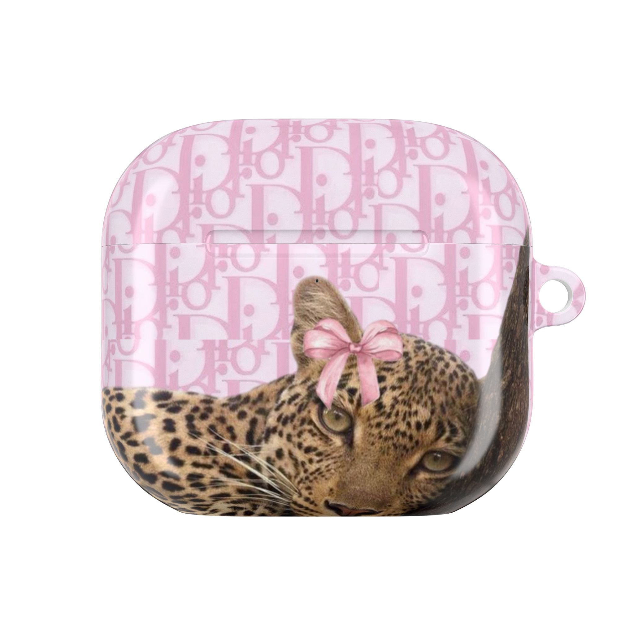 Dior leopard cat AirPods case, pink monogram background with cat face close-up