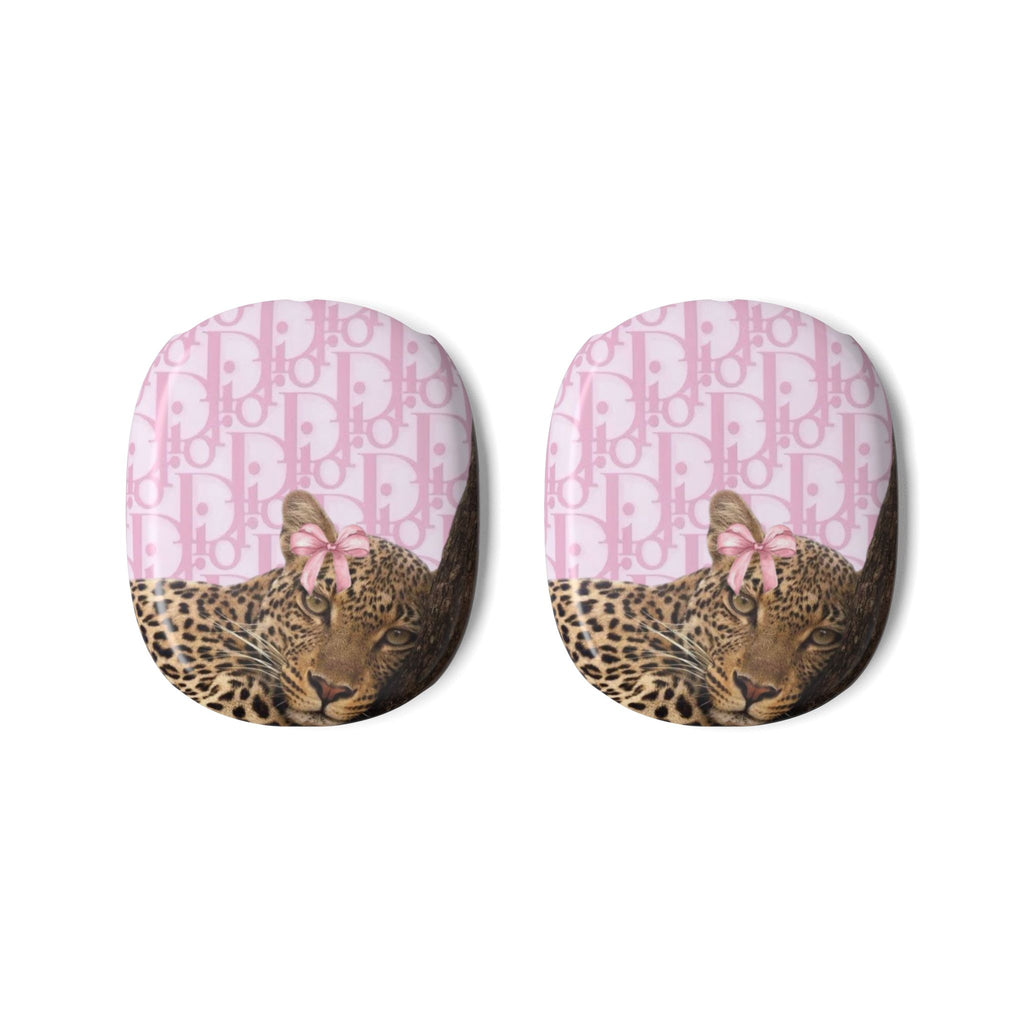 Pink AirPods Max case cover with Dior pattern and leopard cheetah face detail