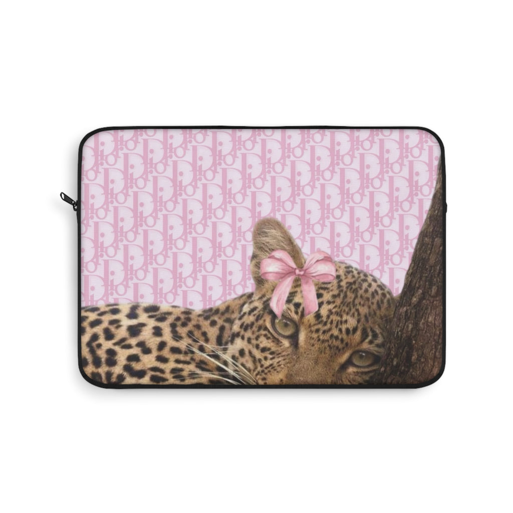 Pink cheetah laptop sleeve with large pink bow, black zipper trim, Dior pattern