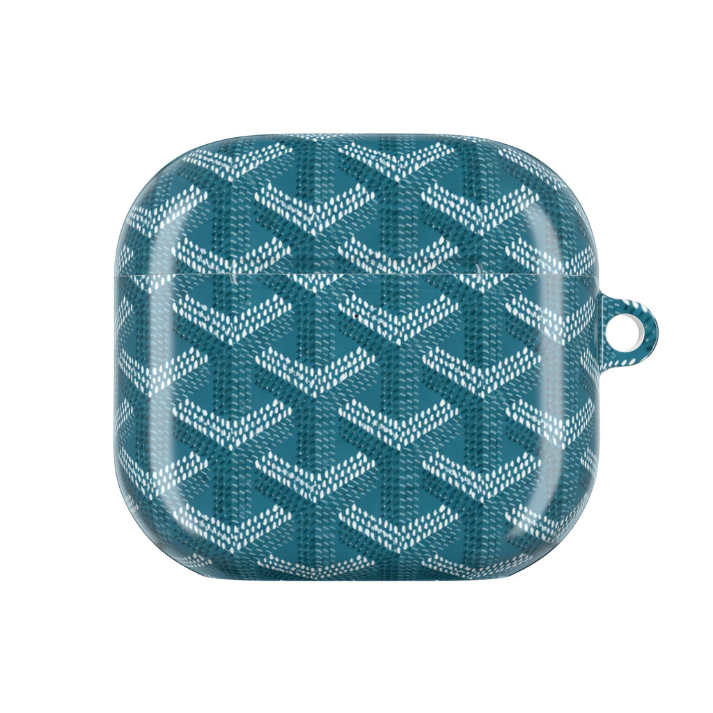 Teal Goyard AirPods case back view with geometric pattern and small loop
