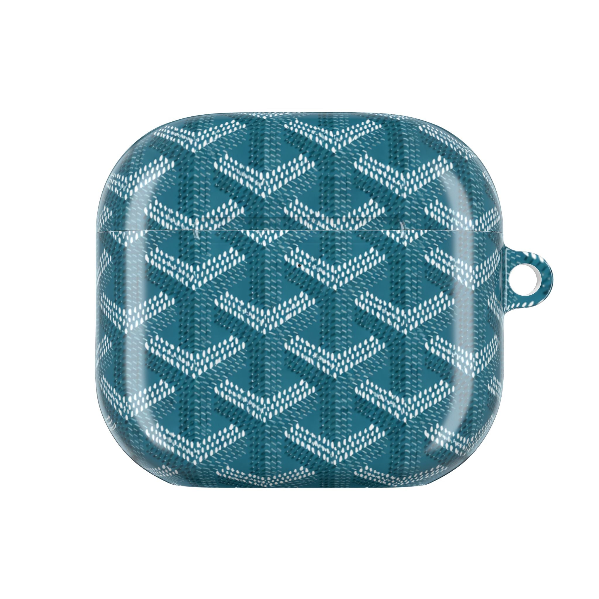 Teal Goyard AirPods case back view with geometric pattern and small loop