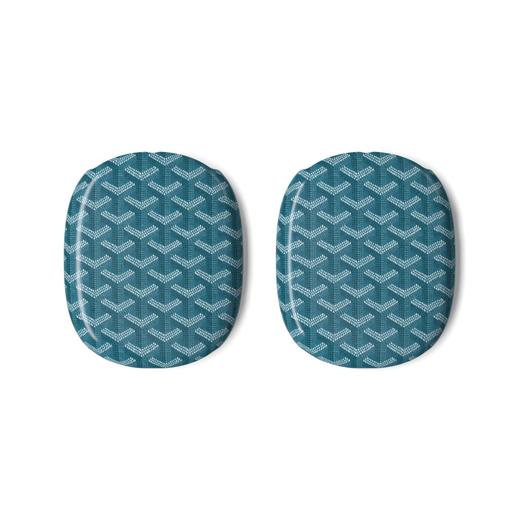 Teal Goyard-pattern AirPods Max ear cup covers, two-piece set