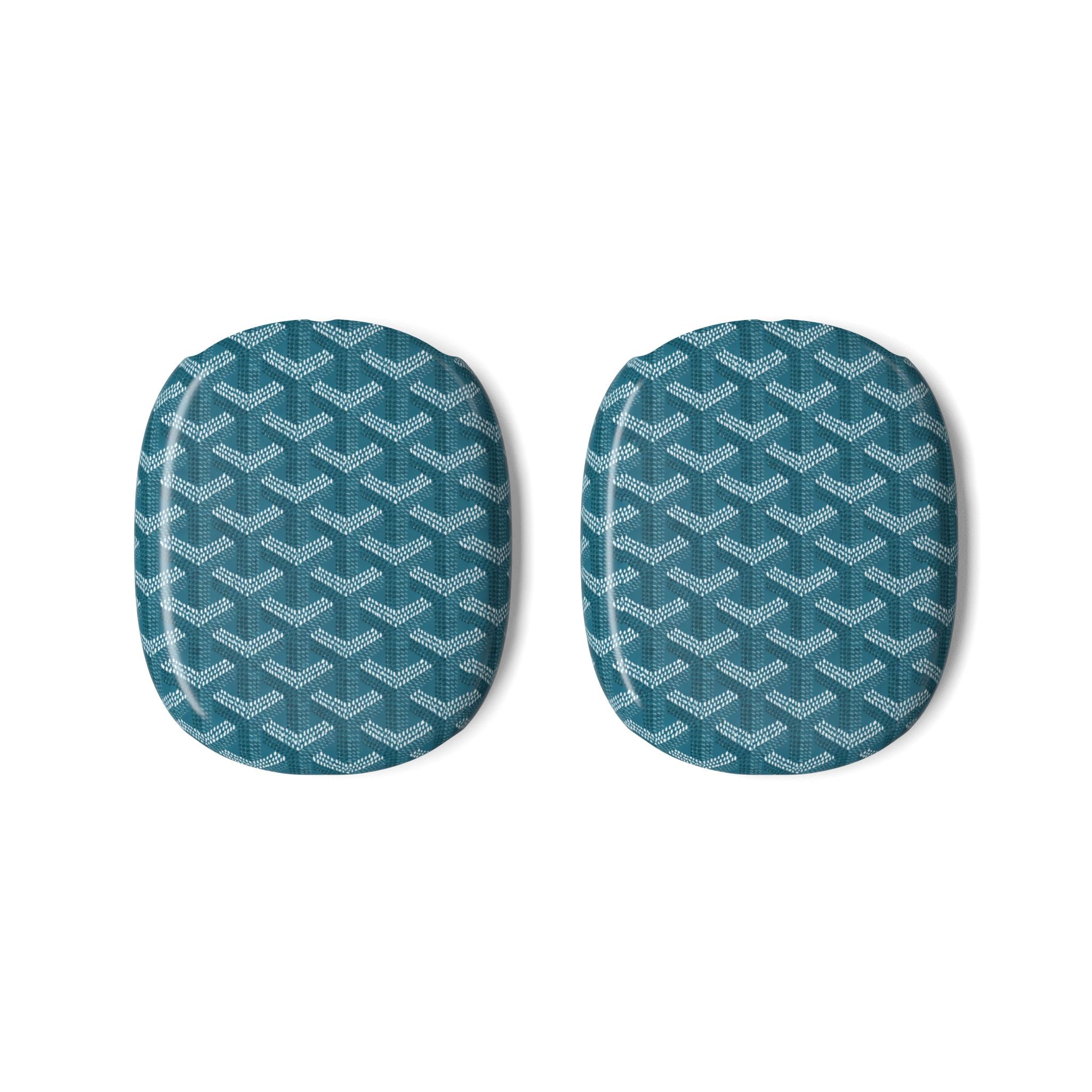 Teal Goyard-pattern AirPods Max ear cup covers, two-piece set