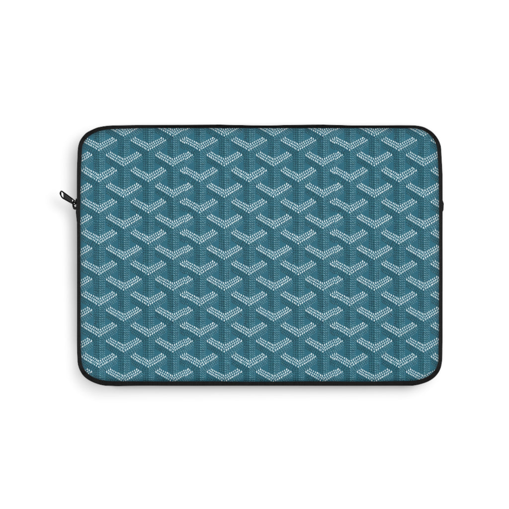 Teal padded sleeve with geometric lattice pattern and zippered closure
