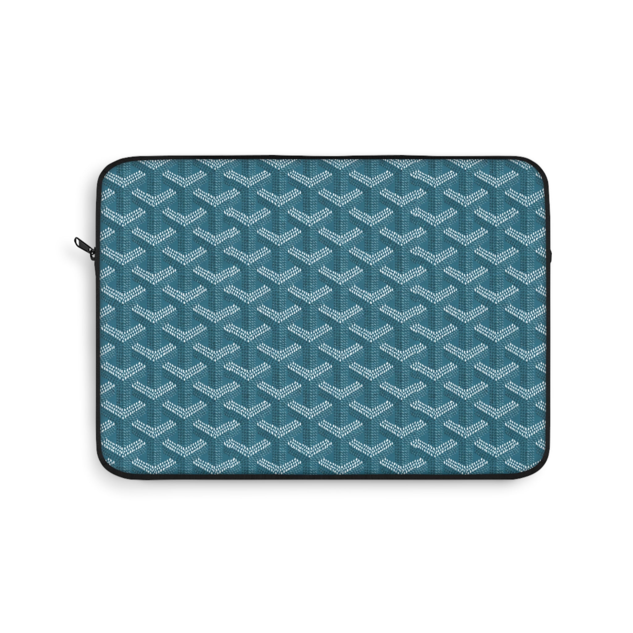 Teal padded sleeve with geometric lattice pattern and zippered closure