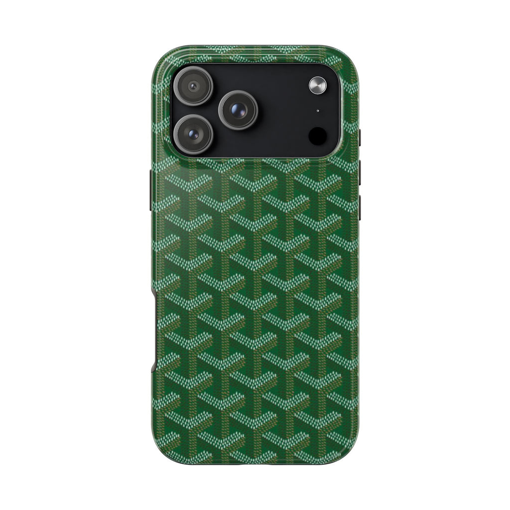 Goyard green phone case, G-pattern, camera cutouts and side button openings