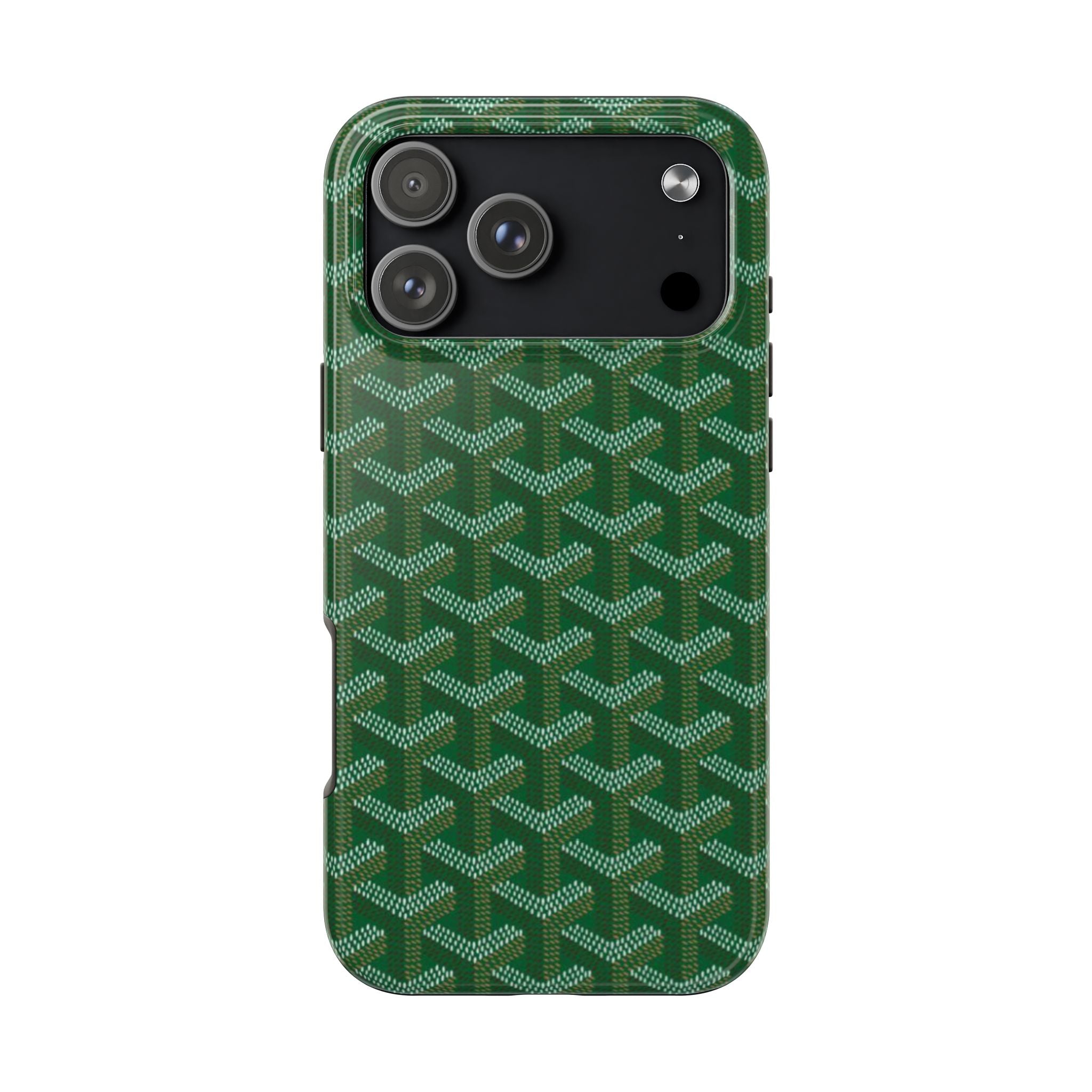 Goyard green phone case, G-pattern, camera cutouts and side button openings