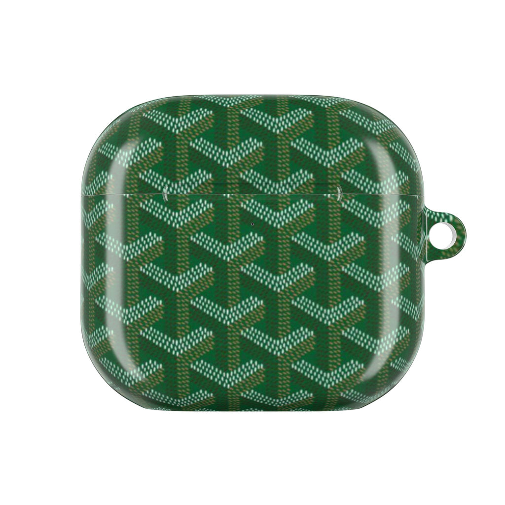 Green AirPods case with geometric pattern, closed front view