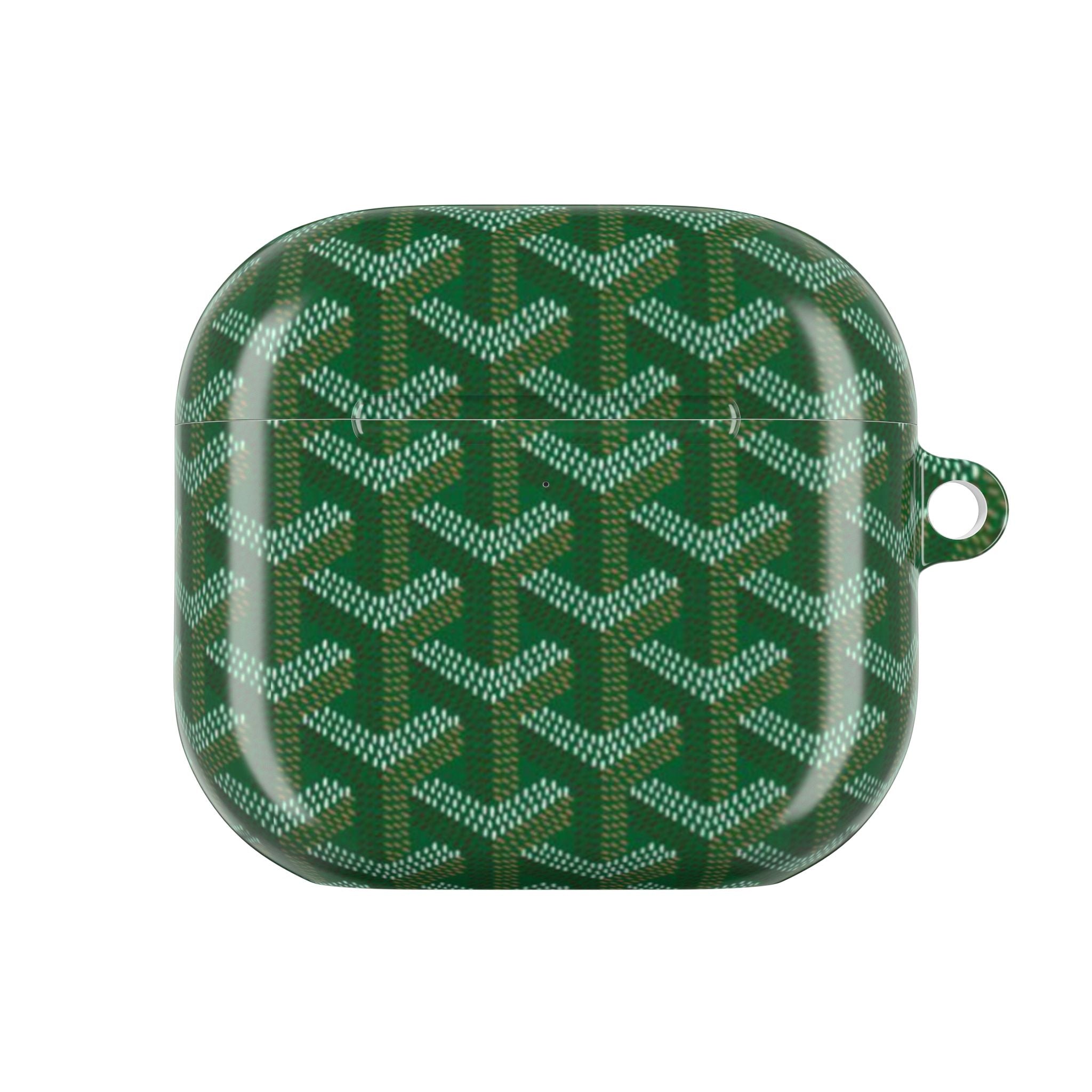 Green AirPods case with geometric pattern, closed front view