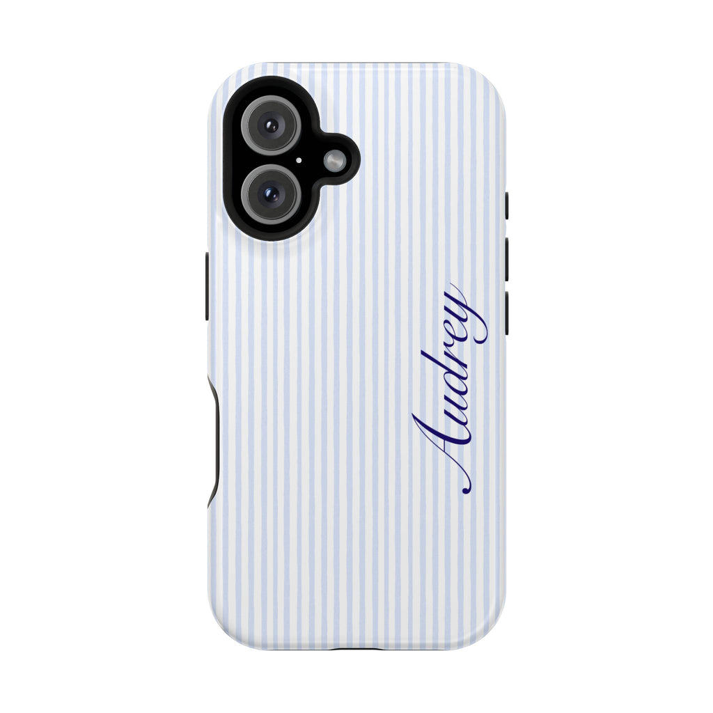 Blue striped phone case with blue cursive custom name and camera cutouts