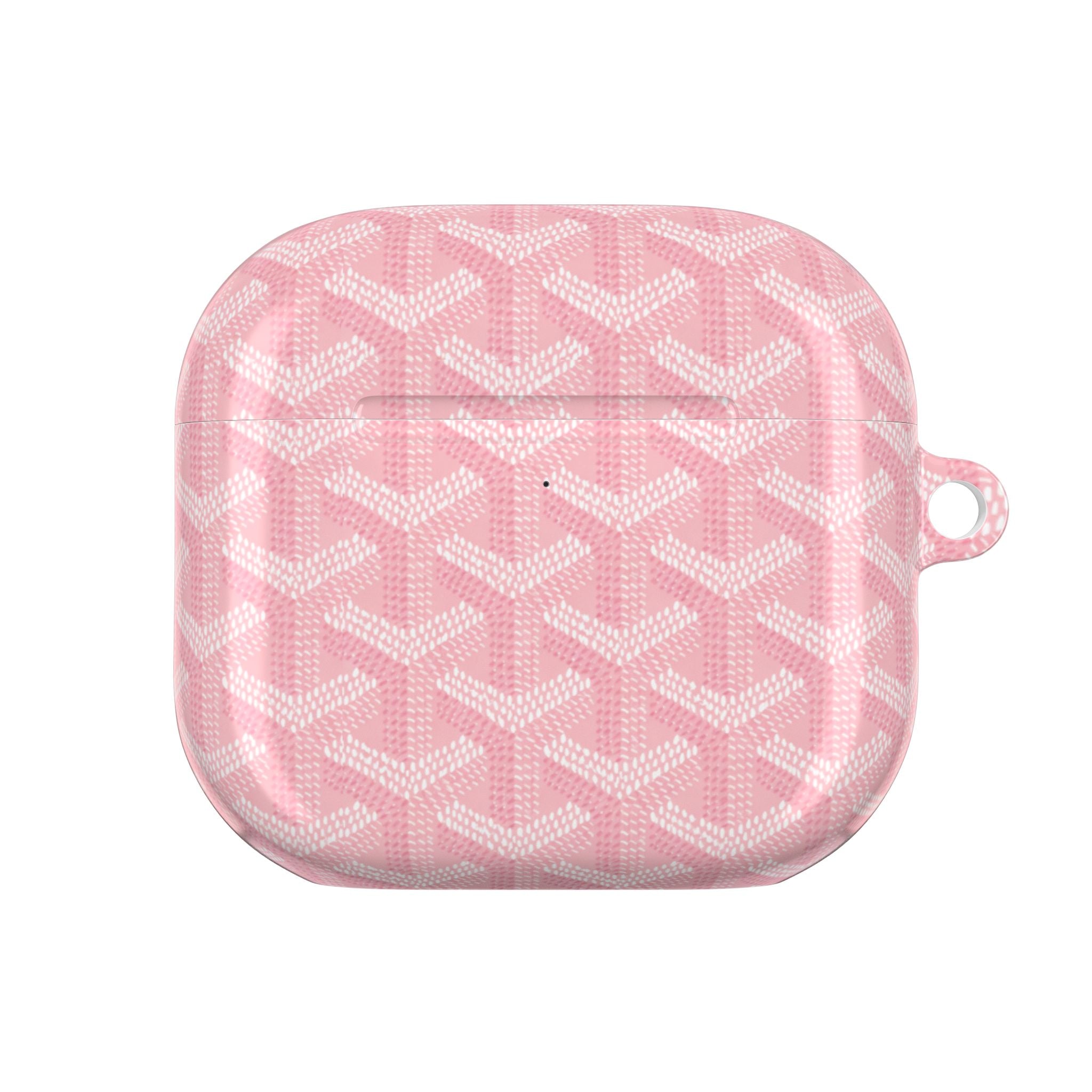 Pink AirPod case with white Goyard pattern, closed shell with side loop
