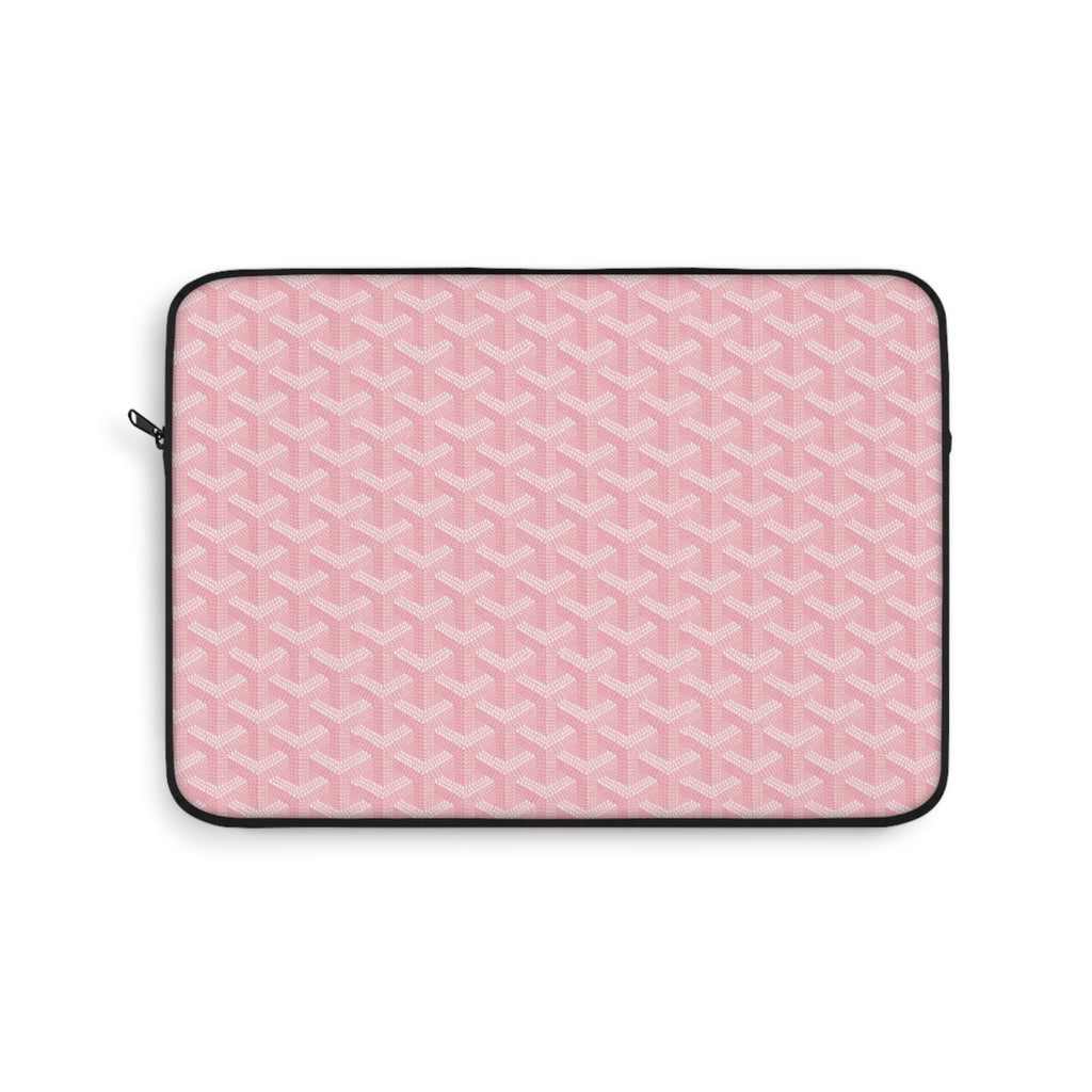 Pink tablet sleeve with geometric pattern and black zipper trim