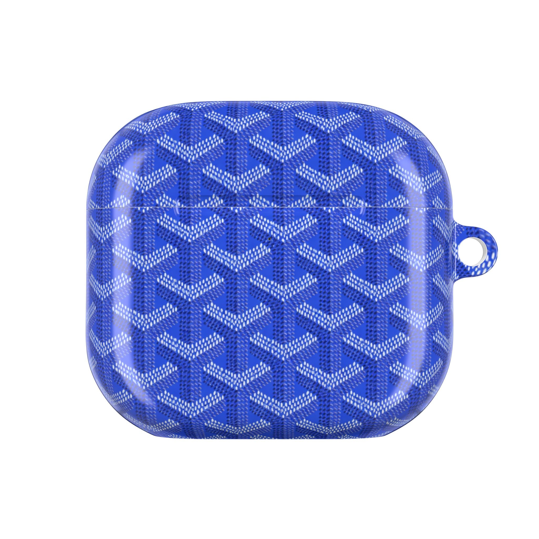 Goyard AirPods case, royal blue with white pattern, front view with side loop