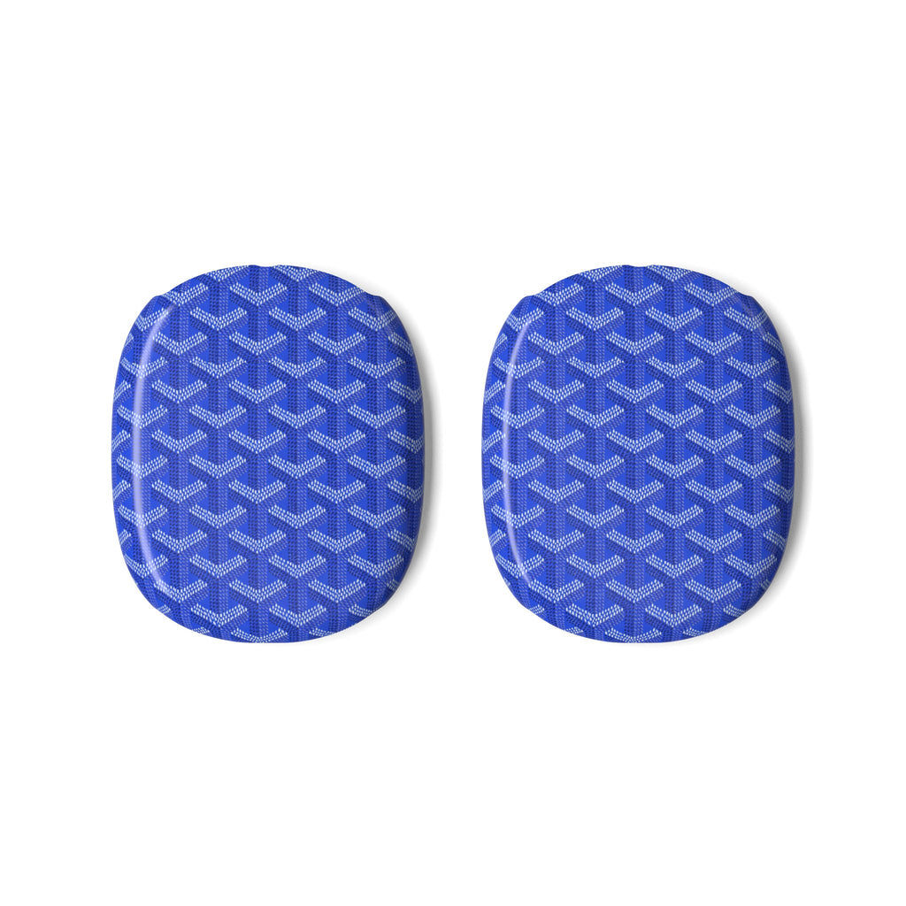 AirPods Max case covers in royal blue with Goyard pattern, oval fabric pair