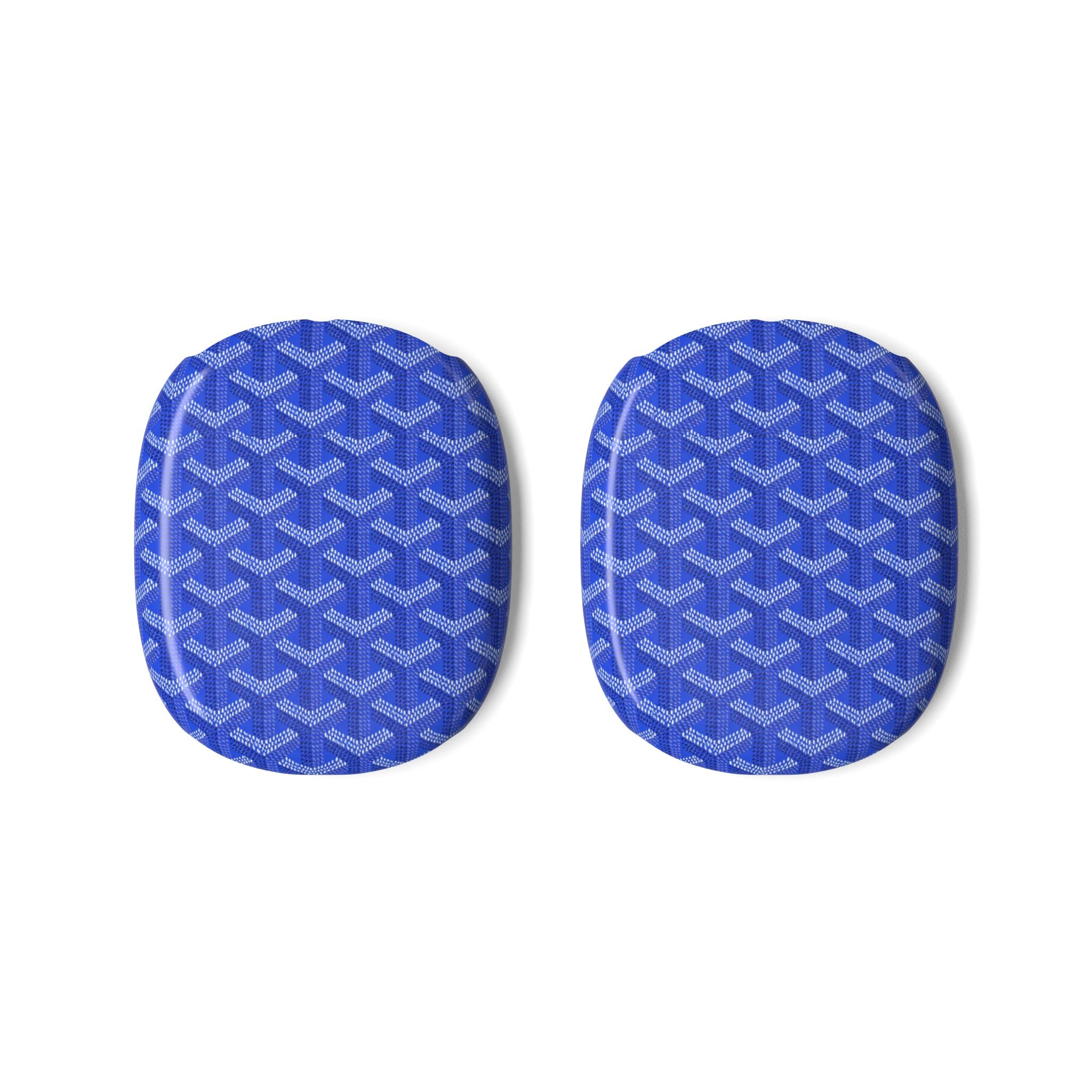 AirPods Max case covers in royal blue with Goyard pattern, oval fabric pair