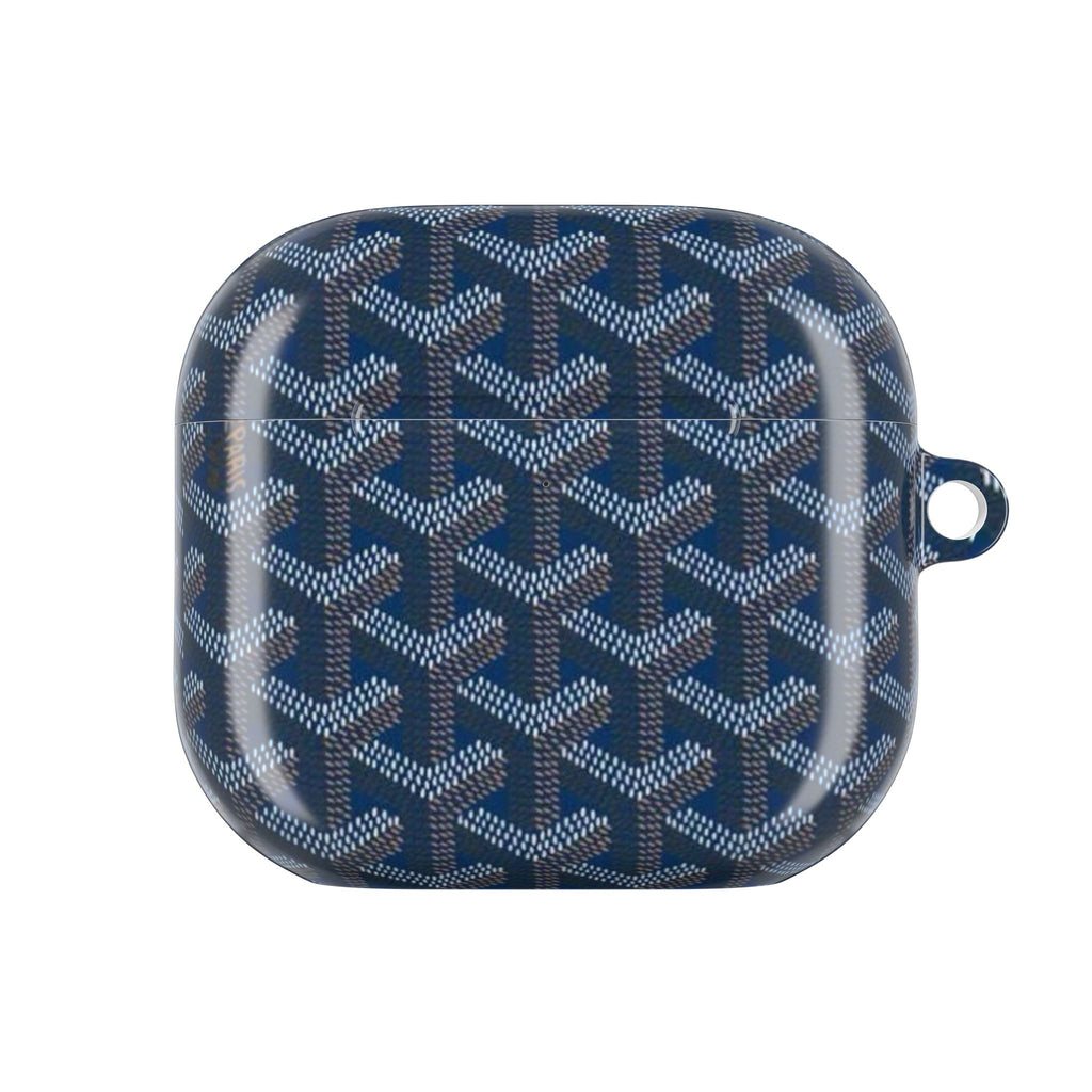 AirPods case, dark blue Goyard patterned hard shell with right-side loop