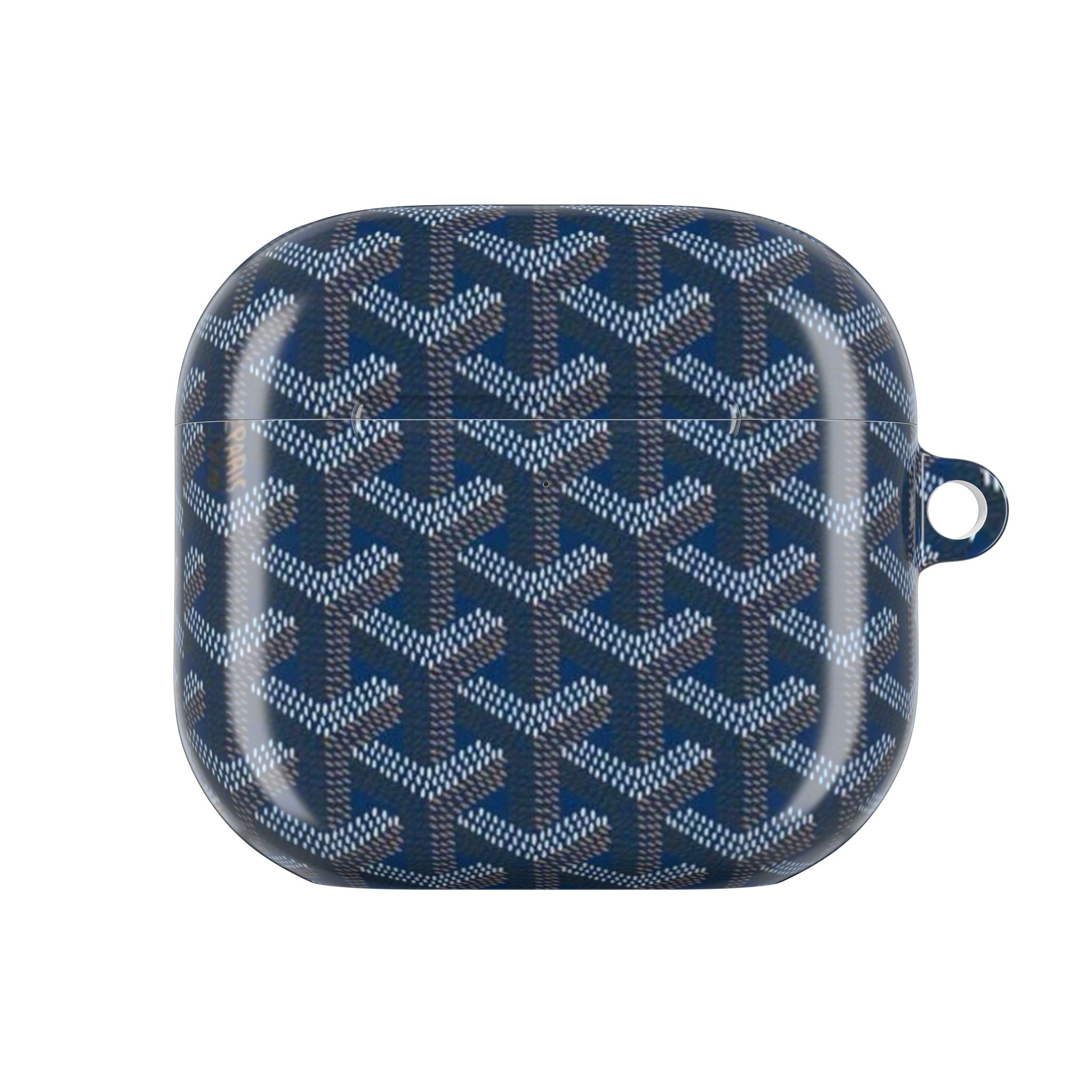 AirPods case, dark blue Goyard patterned hard shell with right-side loop