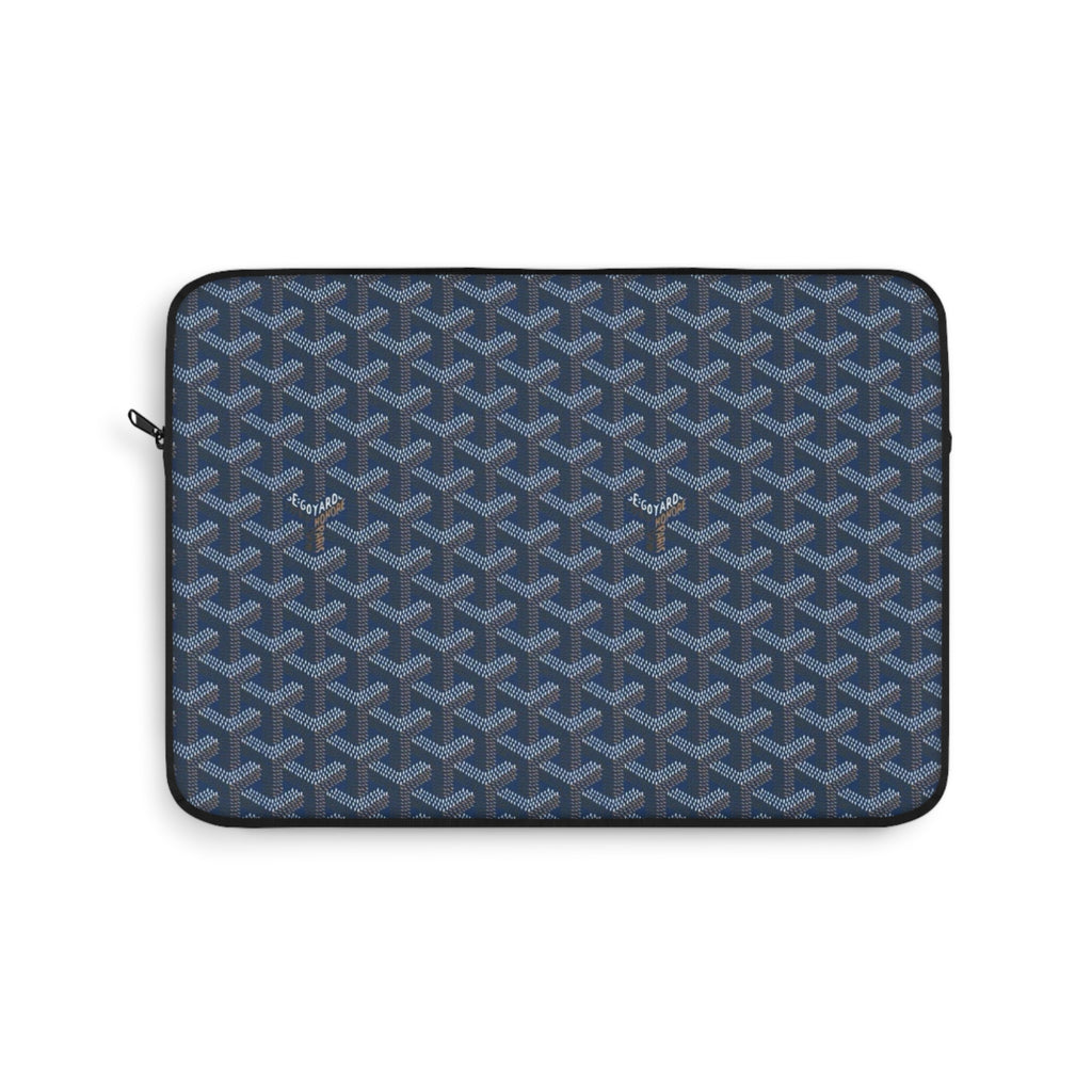 Tablet and laptop sleeve in steel blue with Goyard-style pattern, zip closure, rounded corners