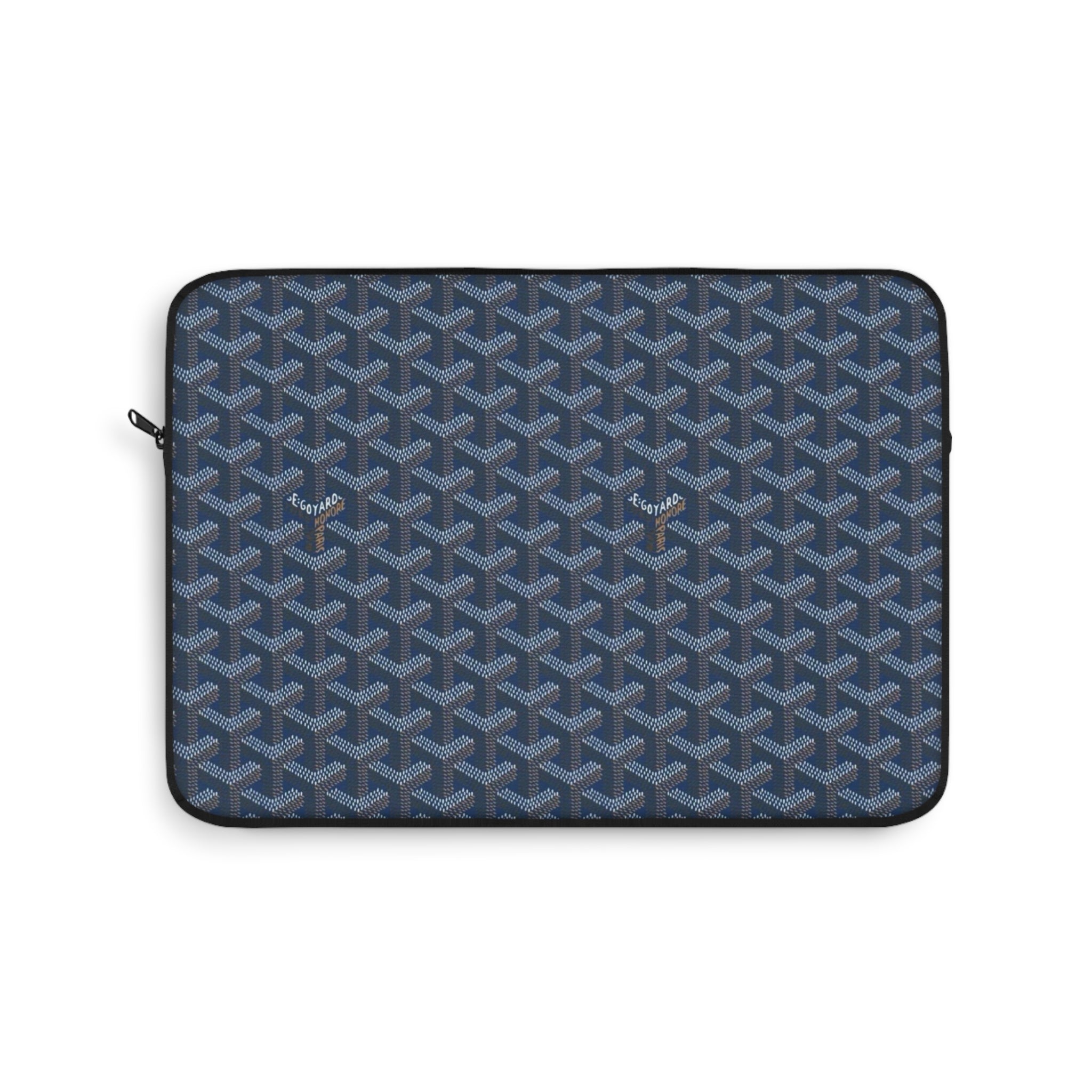 Tablet and laptop sleeve in steel blue with Goyard-style pattern, zip closure, rounded corners