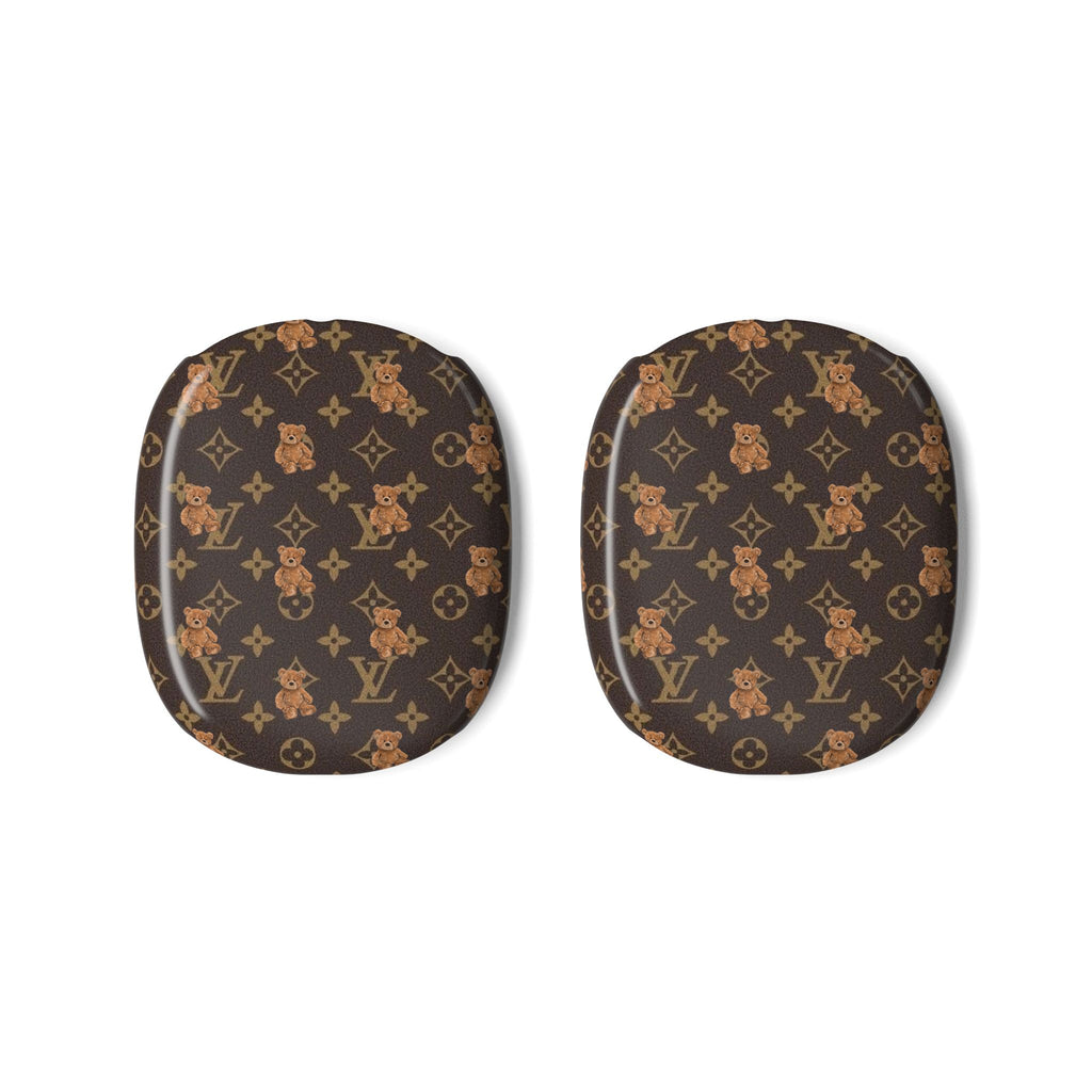 AirPods Max case cover pair in dark brown with teddy bear monogram pattern