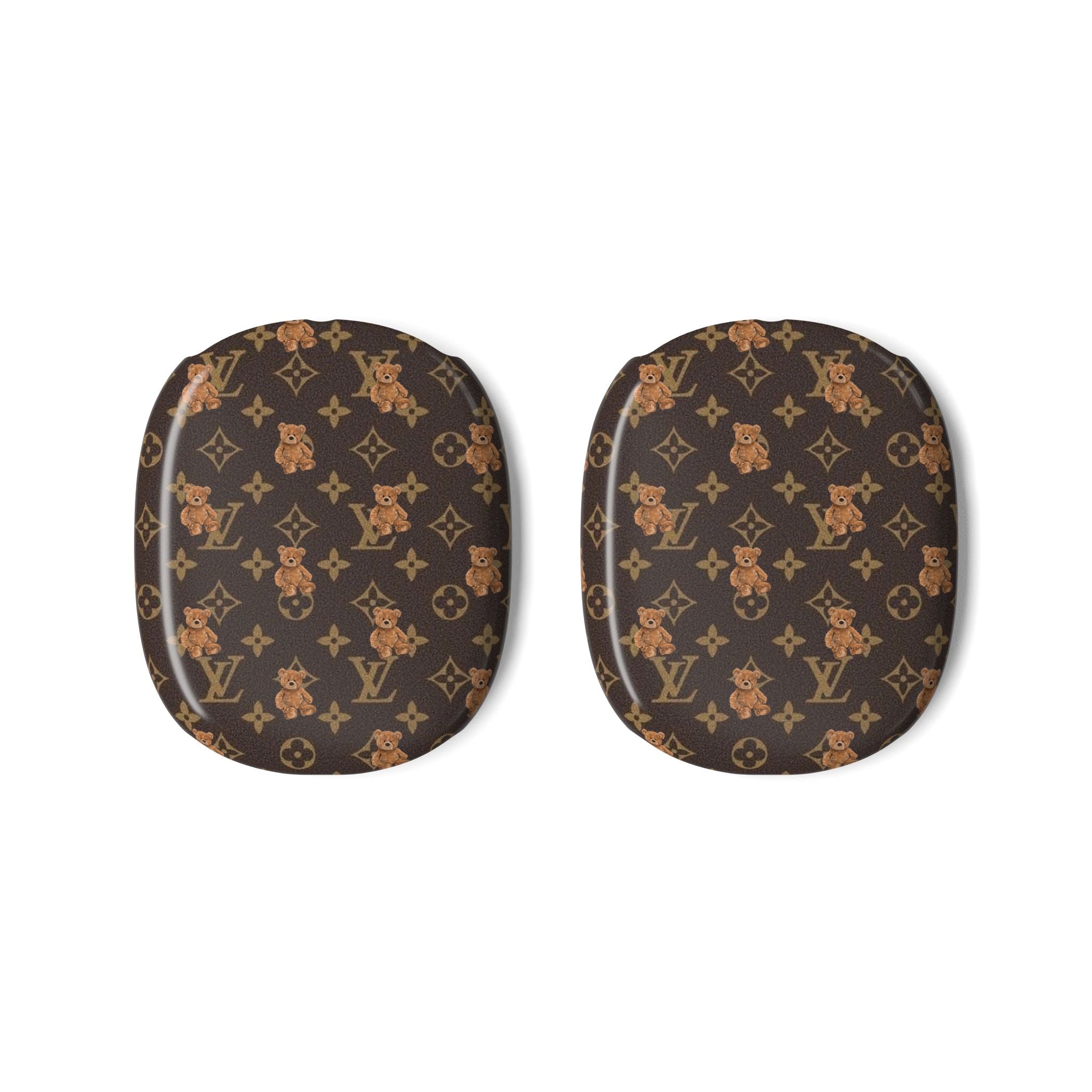 AirPods Max case cover pair in dark brown with teddy bear monogram pattern