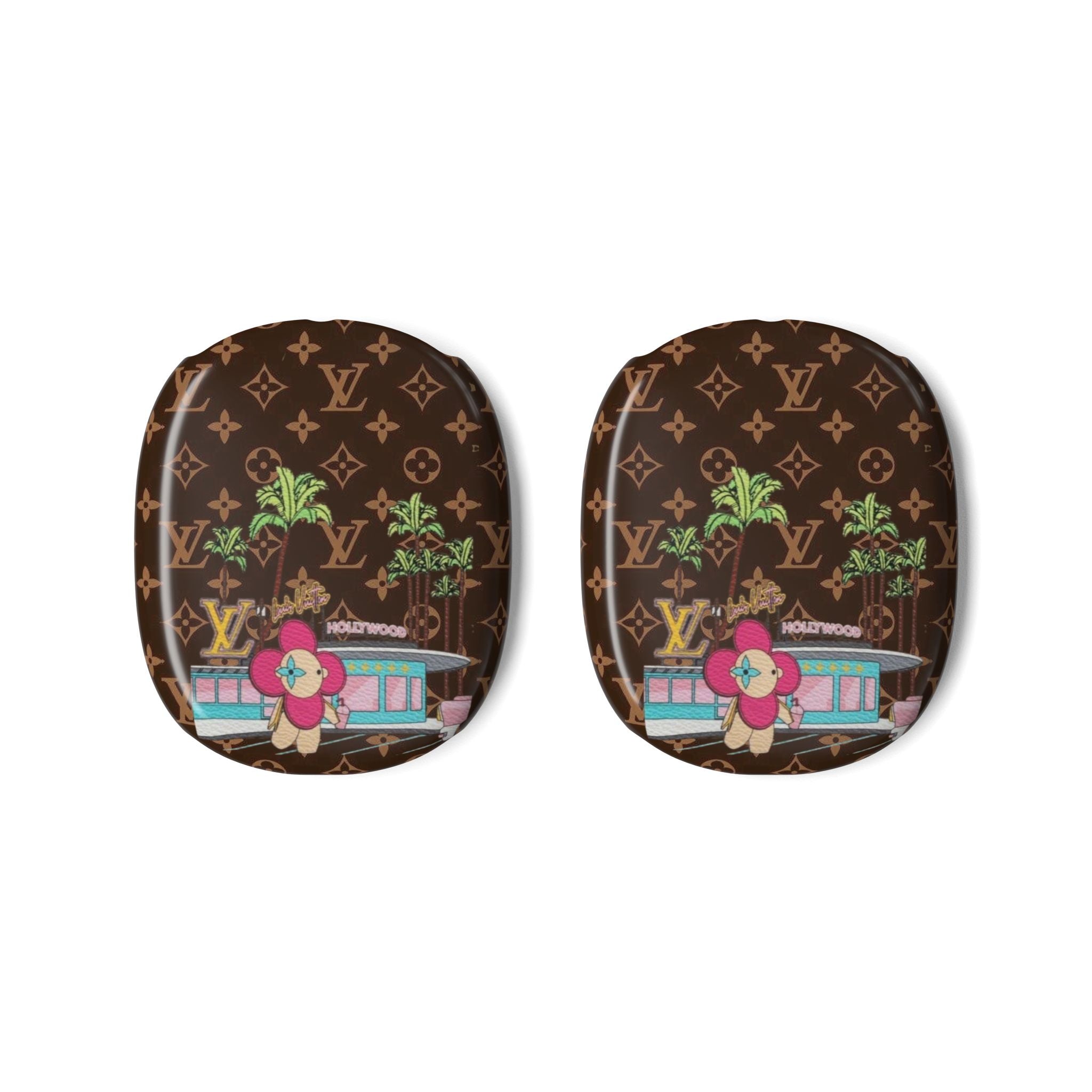 AirPods Max case covers with dark brown monogram print and colorful garden scene