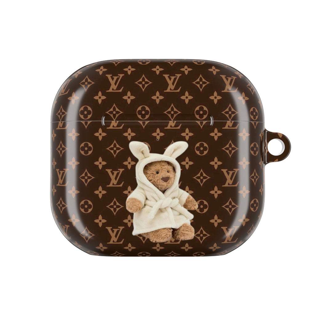 LV monogram AirPods case with teddy bear applique on front and carry loop
