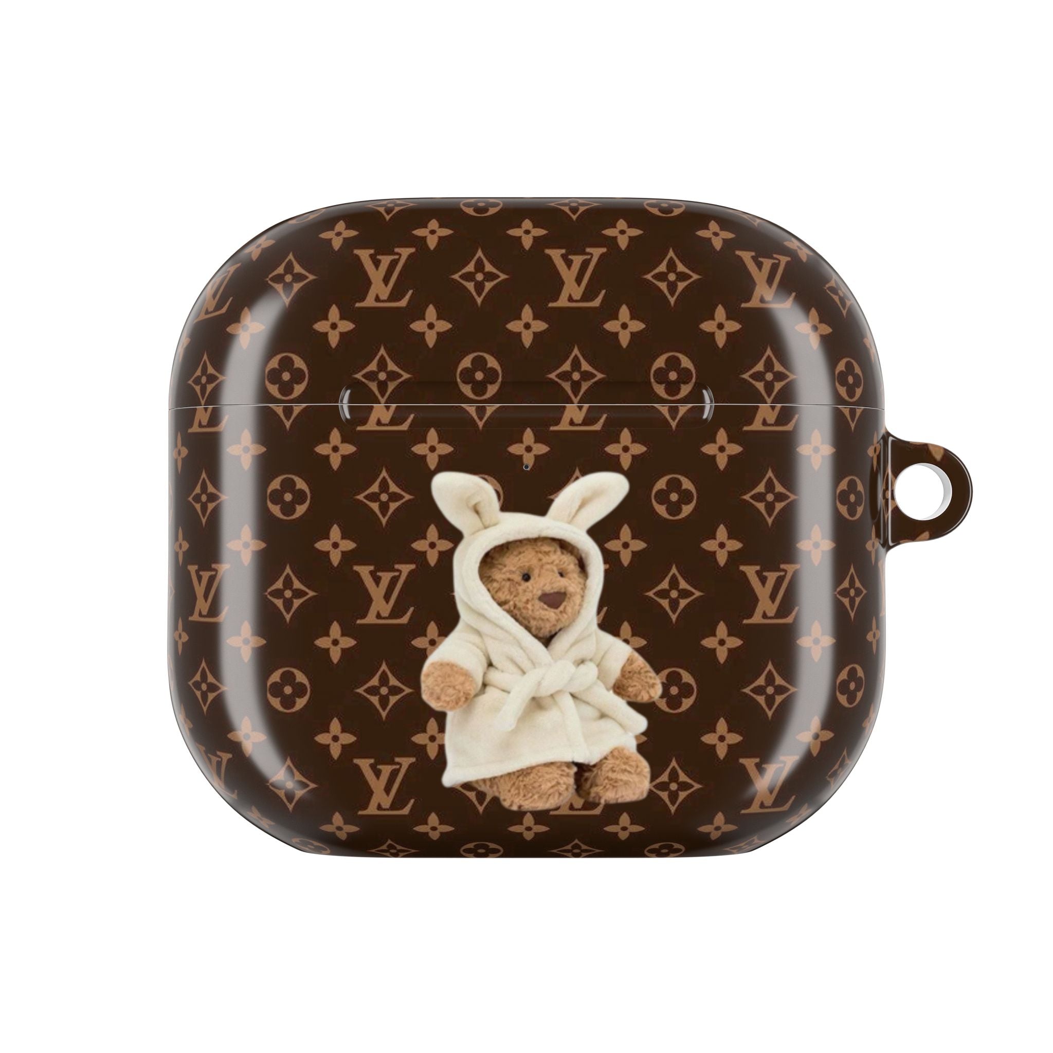 LV monogram AirPods case with teddy bear applique on front and carry loop