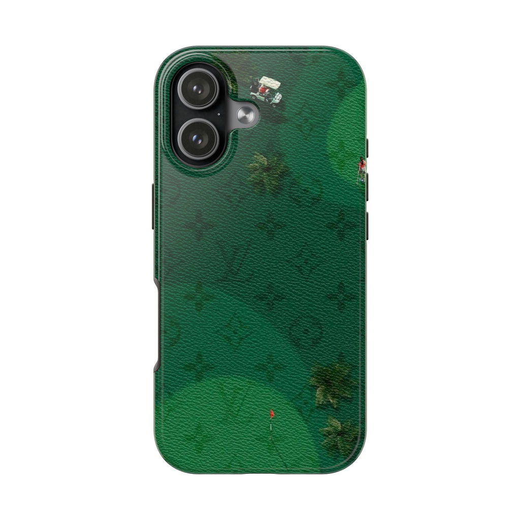 Green LV golf phone case, textured leather-look back with camera cutouts and golf motif.