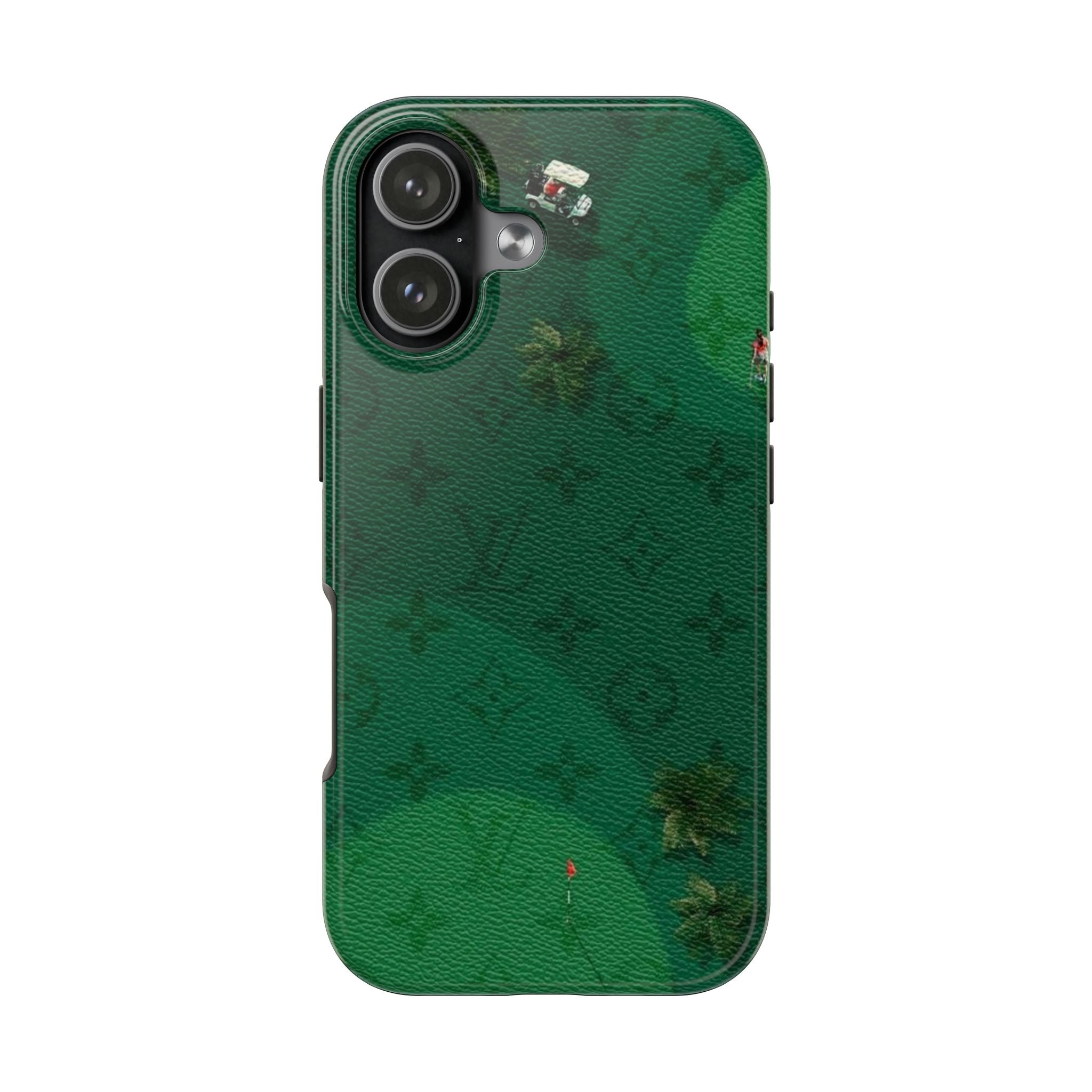 Green LV golf phone case, textured leather-look back with camera cutouts and golf motif.