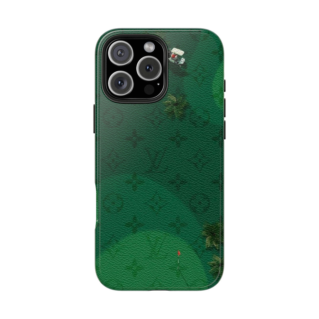 Green LV golf phone case with textured back and camera cutouts, golf motif detail.