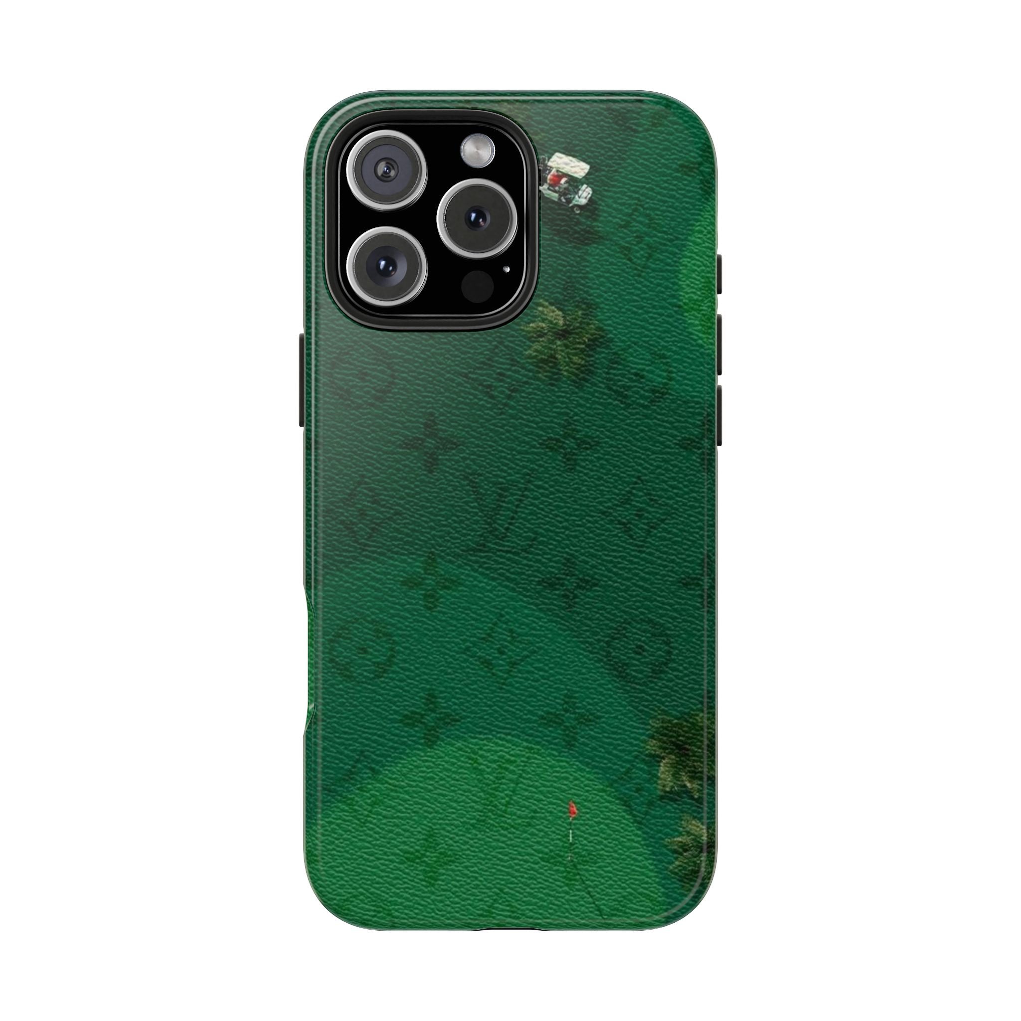 Green LV golf phone case with textured back and camera cutouts, golf motif detail.