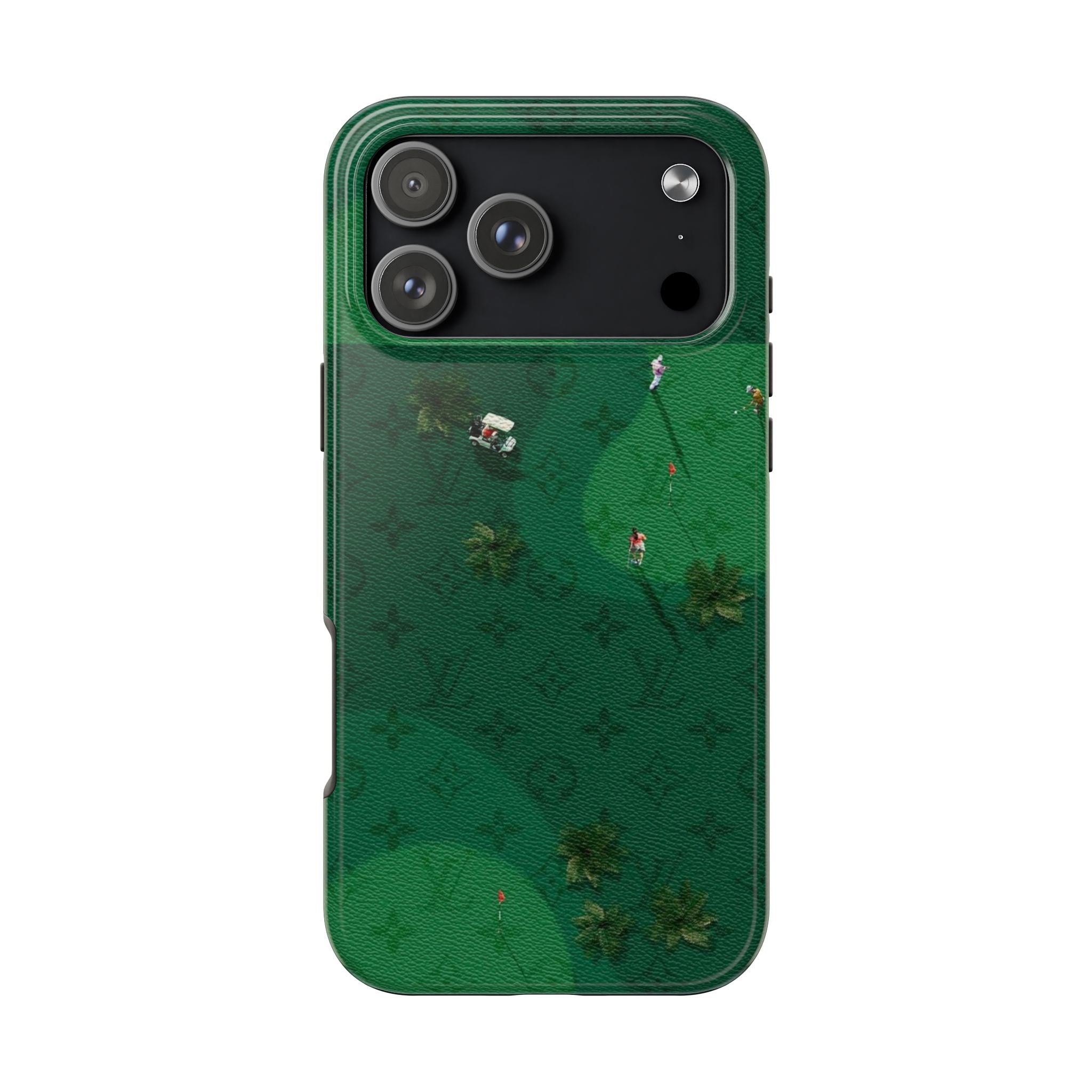 Green LV golf phone case with textured back, dual camera cutouts, golf motif.