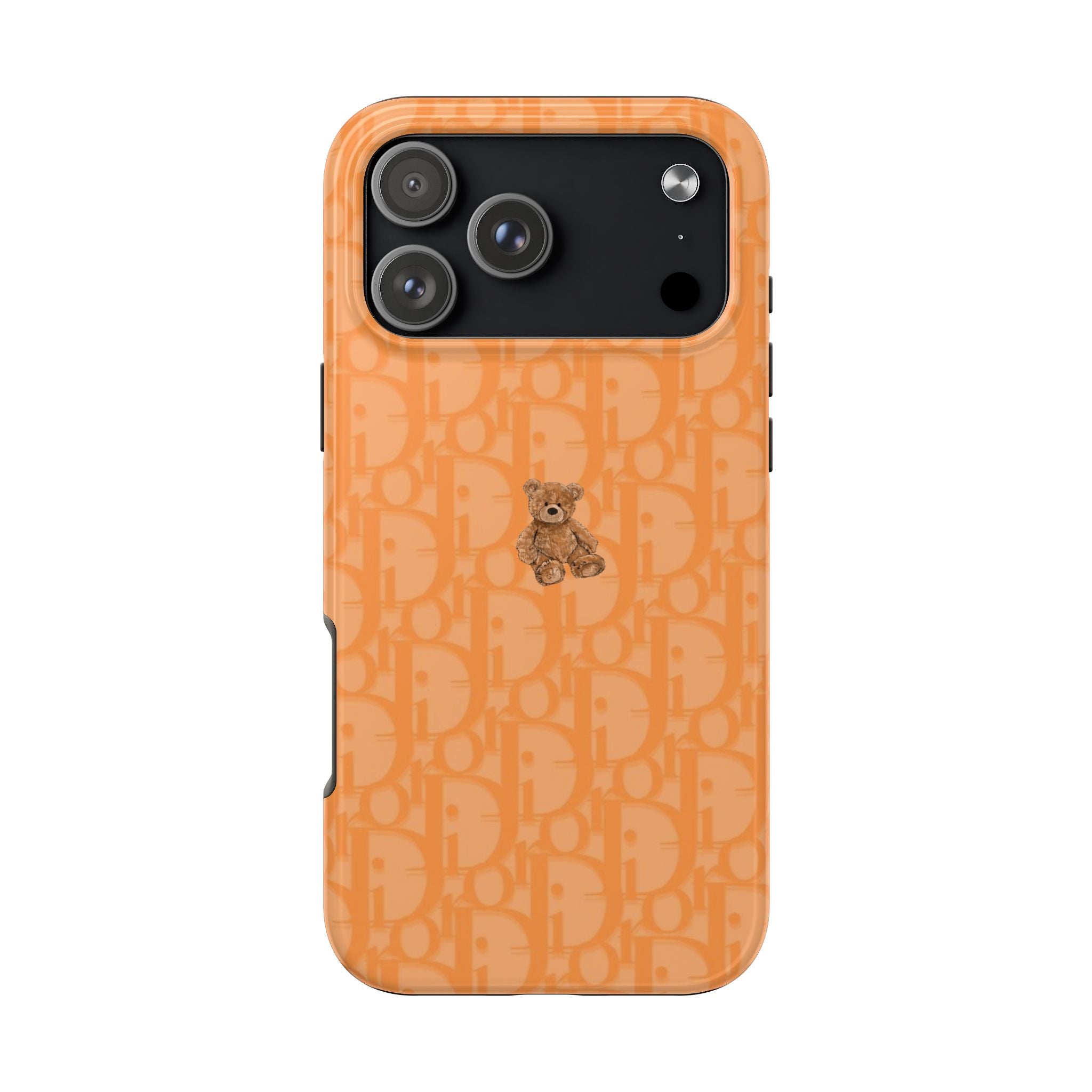 Orange phone case with Dior pattern and teddy bear patch; large camera module cutout.
