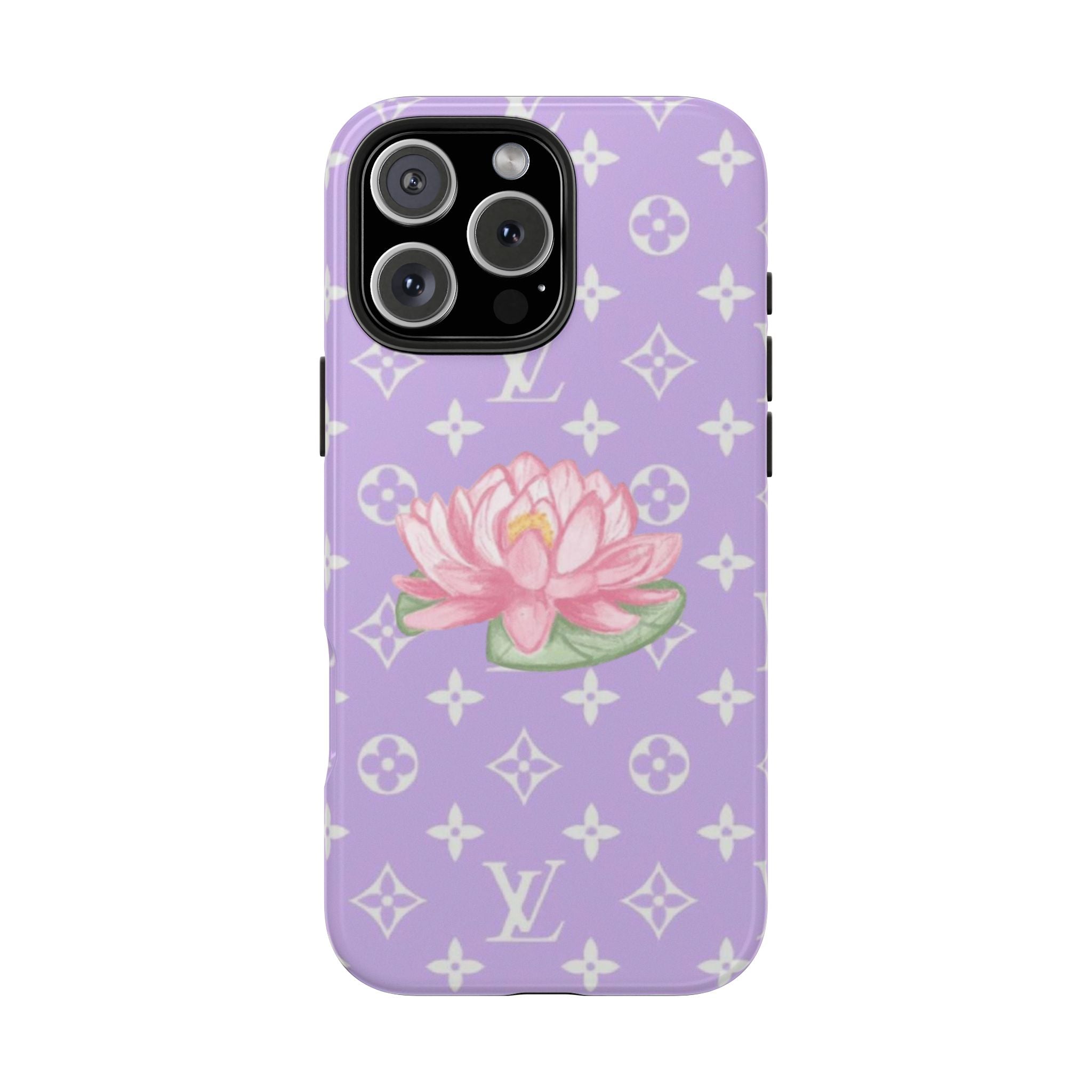 Purple phone case with pink lotus flower and repeating LV monogram pattern